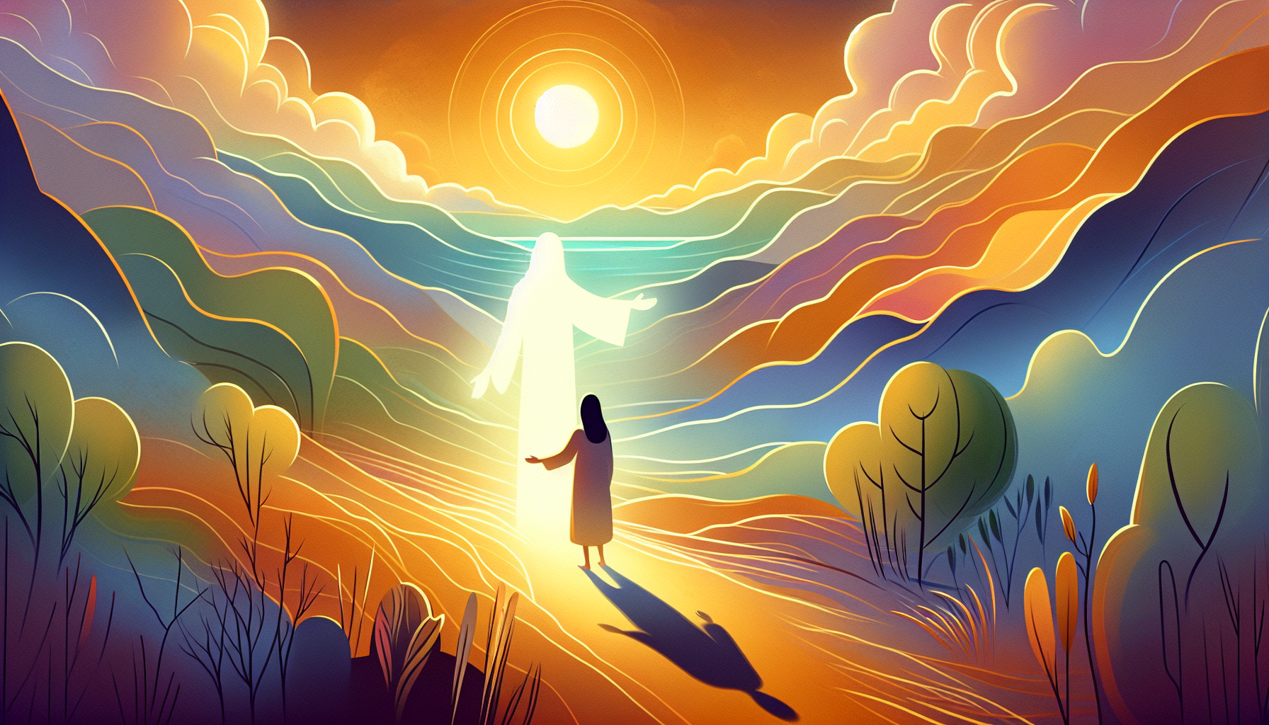 Visual representation of 1 John 4:18 - A serene landscape depicting a person surrounded by light and embracing a shadow, symbolizing fear leaving through love, with gentle and calming colors, in a bea