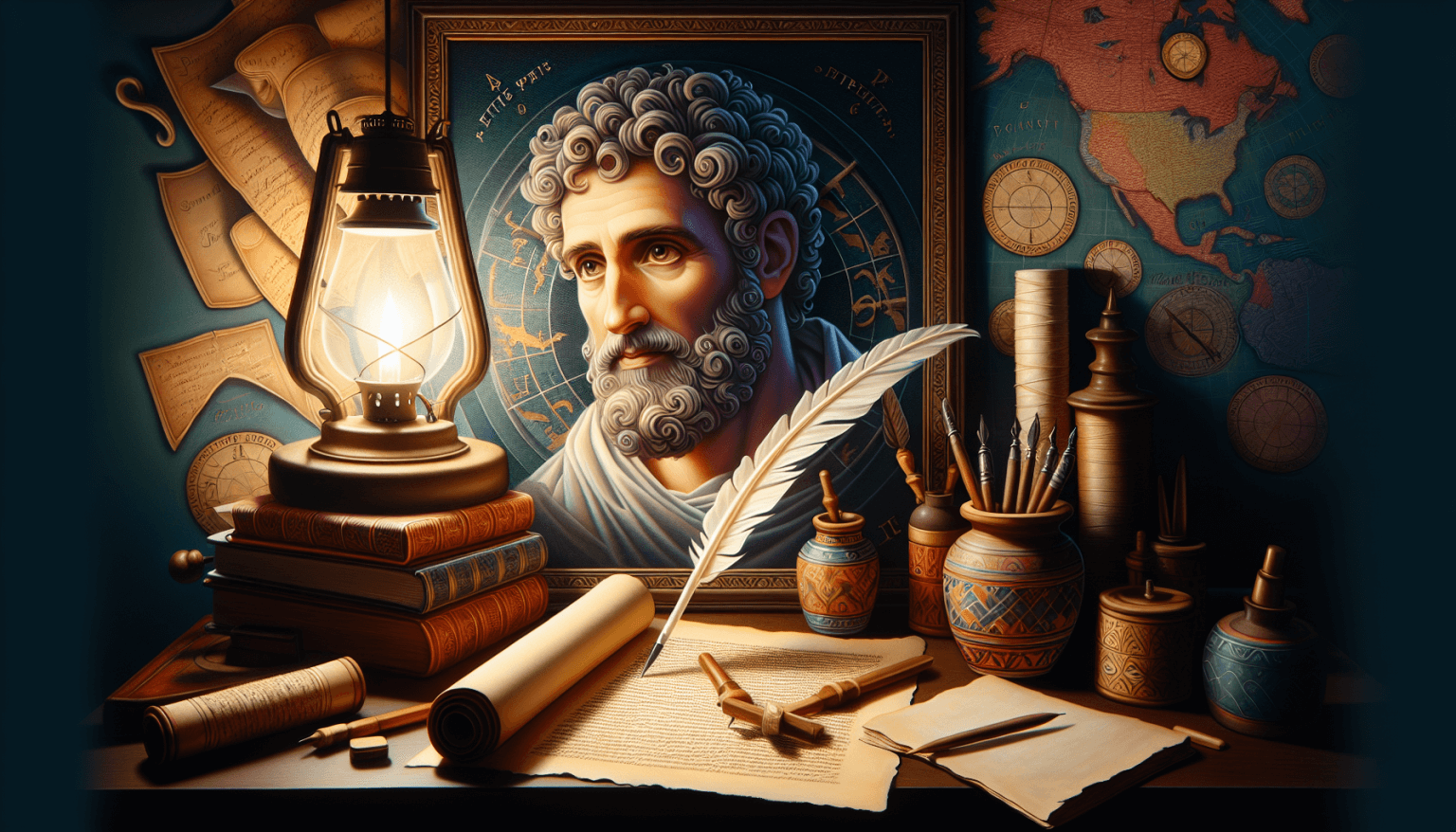 Un retrato estilizado del Apóstol Pablo en un taller de escribas, rodeado de pergaminos y plumas, con un mapa antiguo de sus viajes misioneros en el fondo, iluminado por la luz suave de una lámpara de