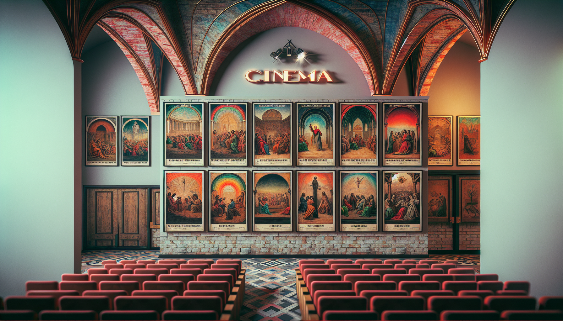 Artistic depiction of an old-fashioned cinema lobby with posters displaying ten different interpretations of Jesus Christ's life, each in a unique art style, ranging from classical to modern, reflecti