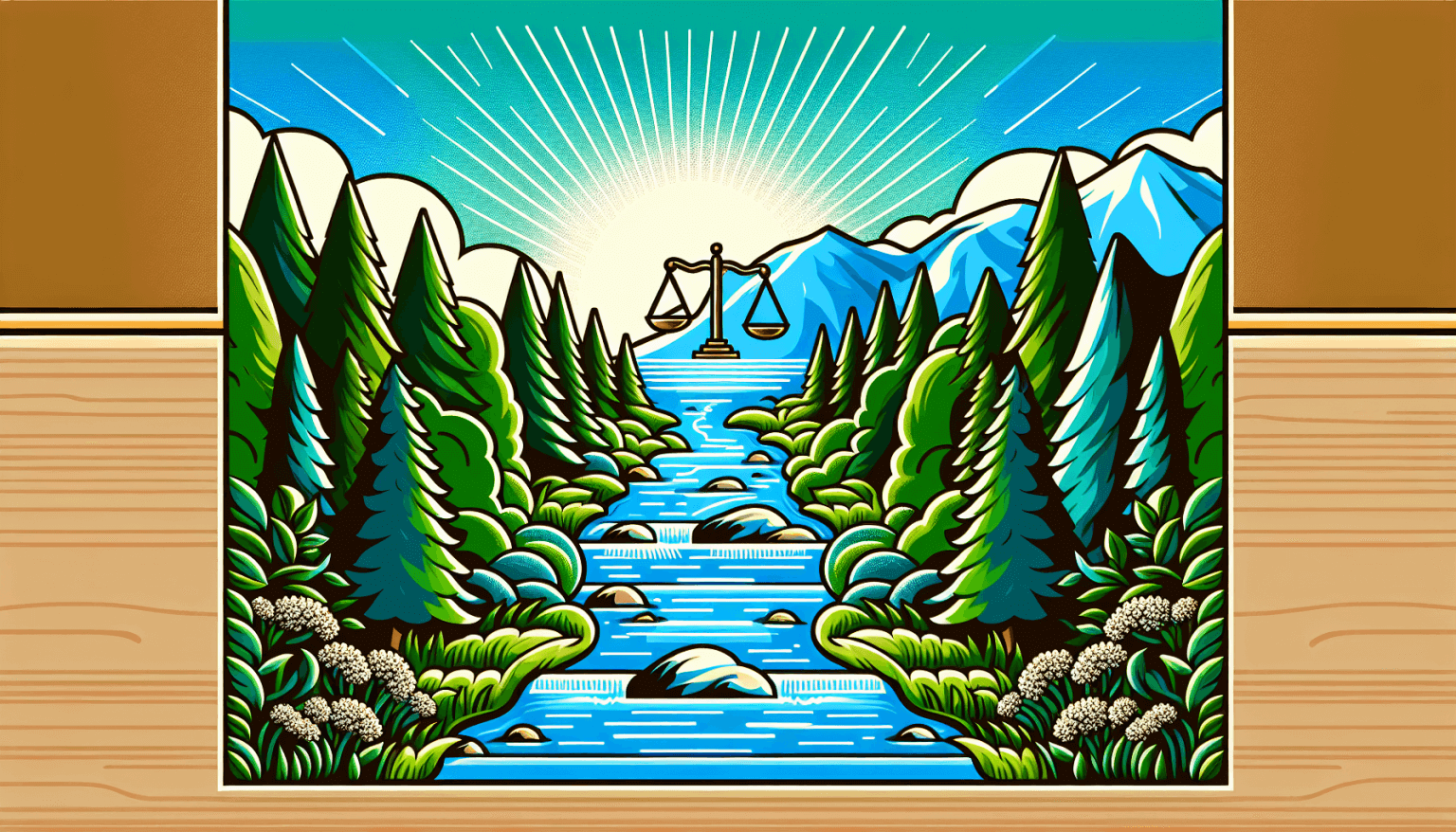 A serene painting of a flowing river with clear waters surrounded by verdant forests, symbolizing justice and righteousness, under a luminous sky.