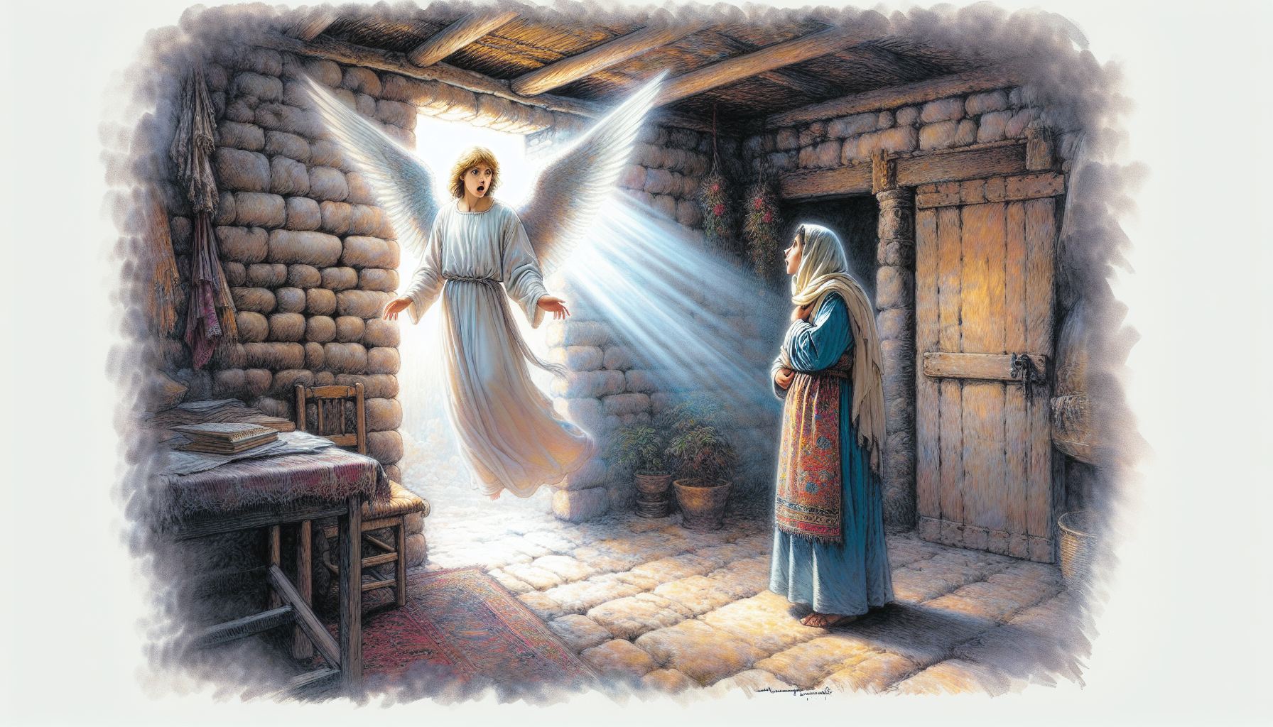 An angel appearing to Mary in a humble, rustic Middle Eastern home, with soft rays of light illuminating the scene, surrounded by modest decor and an aura of awe and serenity.