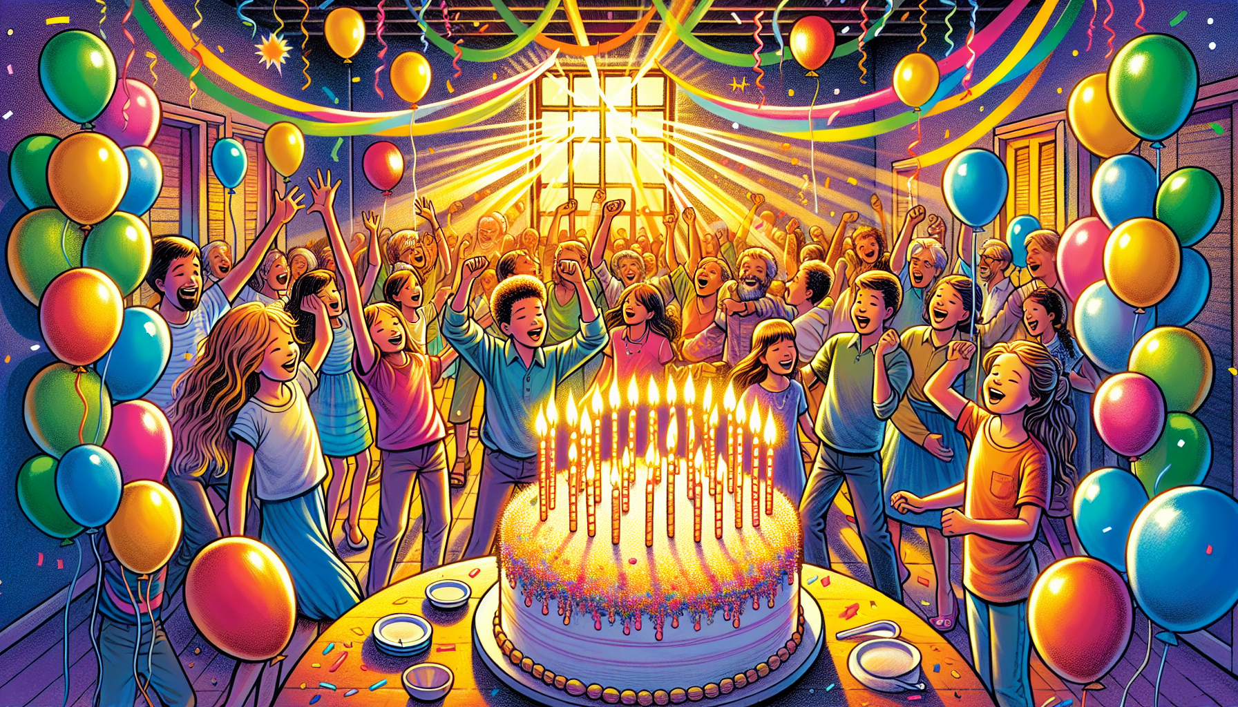 Vibrant scene of a festive birthday celebration in the Dominican Republic with people of diverse ages joyfully singing popular Christian birthday songs, decorated with colorful balloons and streamers,