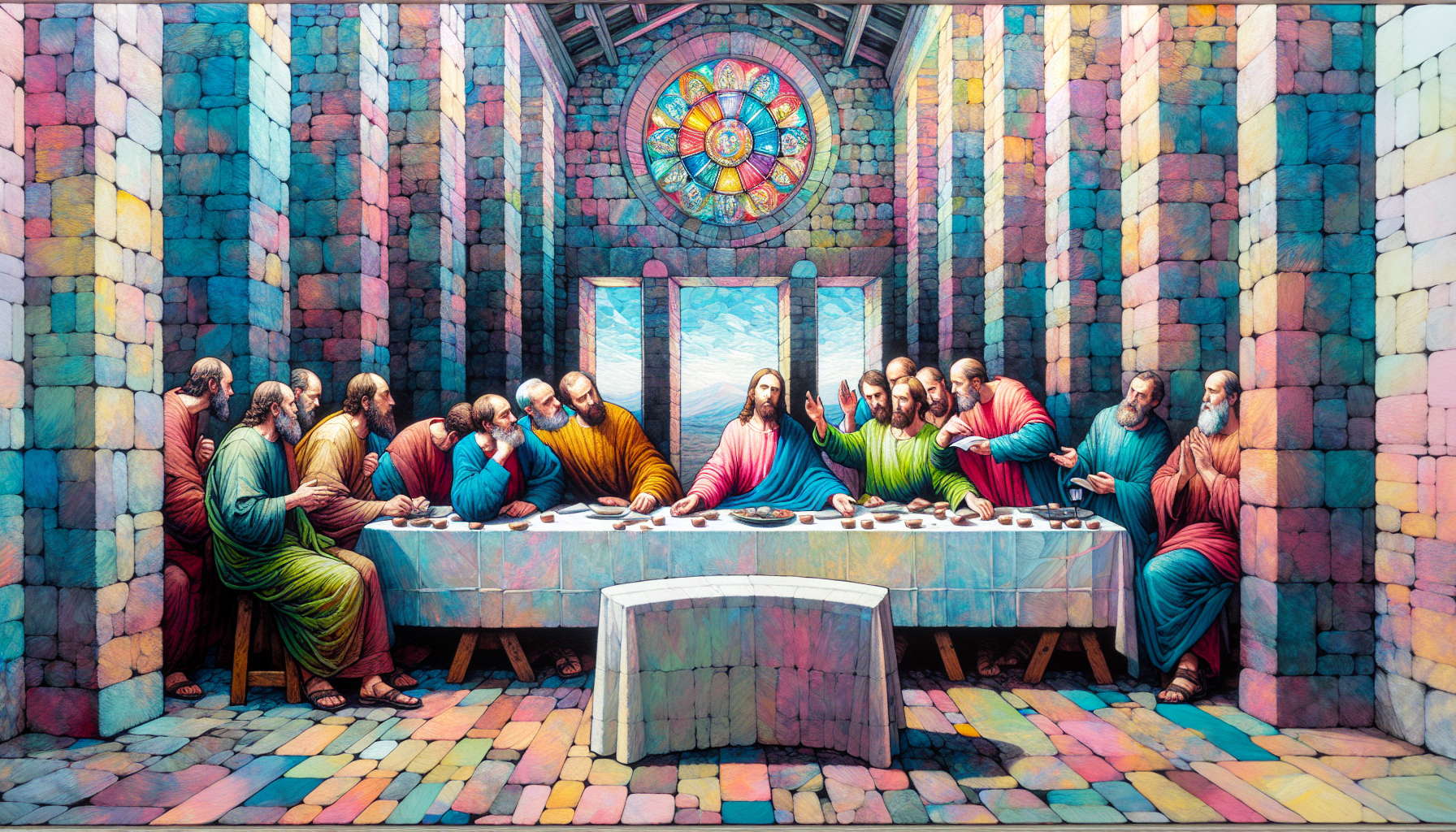 Una pintura al óleo mostrando a los 12 apóstoles de Jesús reunidos alrededor de una mesa en una vieja casa de piedra, discutiendo con expresiones llenas de emoción y gestos expresivos, con un fondo de