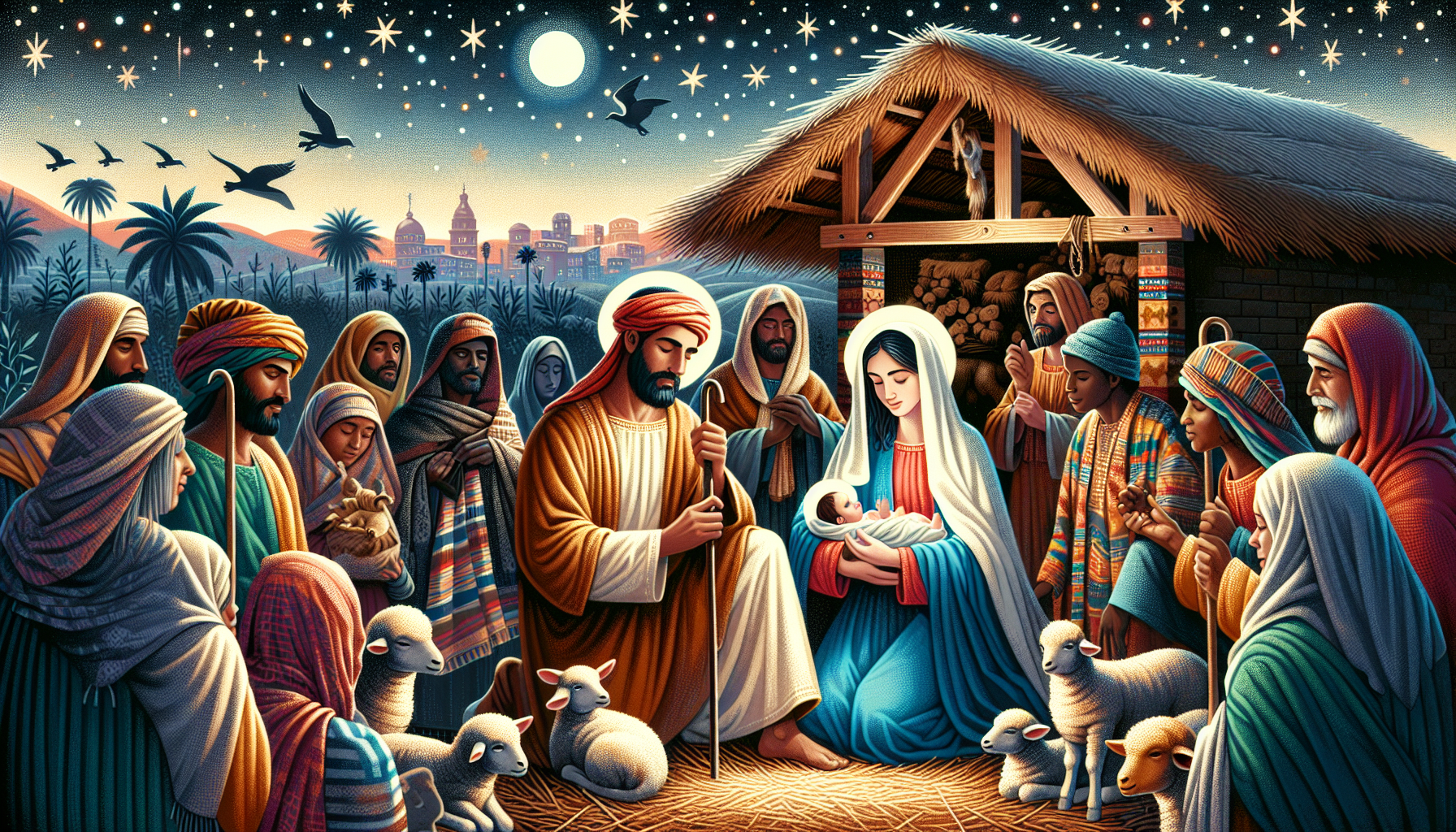 Digital illustration of a serene Nativity scene with Mary, Joseph, and baby Jesus in a rustic stable, surrounded by animals and shepherds under a starry night sky, in the style of a classical Renaissa