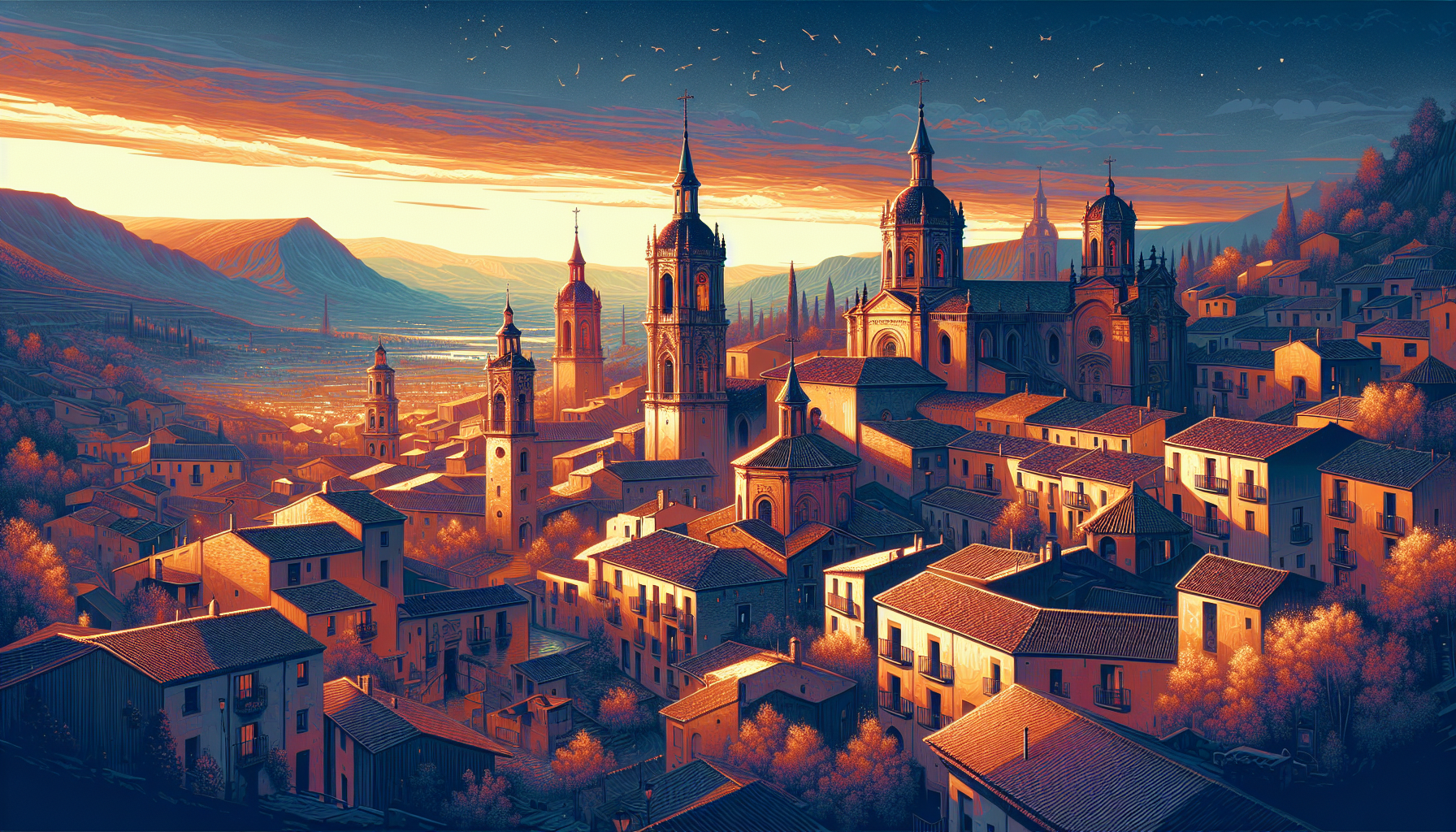 Panoramic view of a quaint Spanish village dotted with various historical churches, showcasing different architectural styles from Gothic to Baroque under a sunset sky.