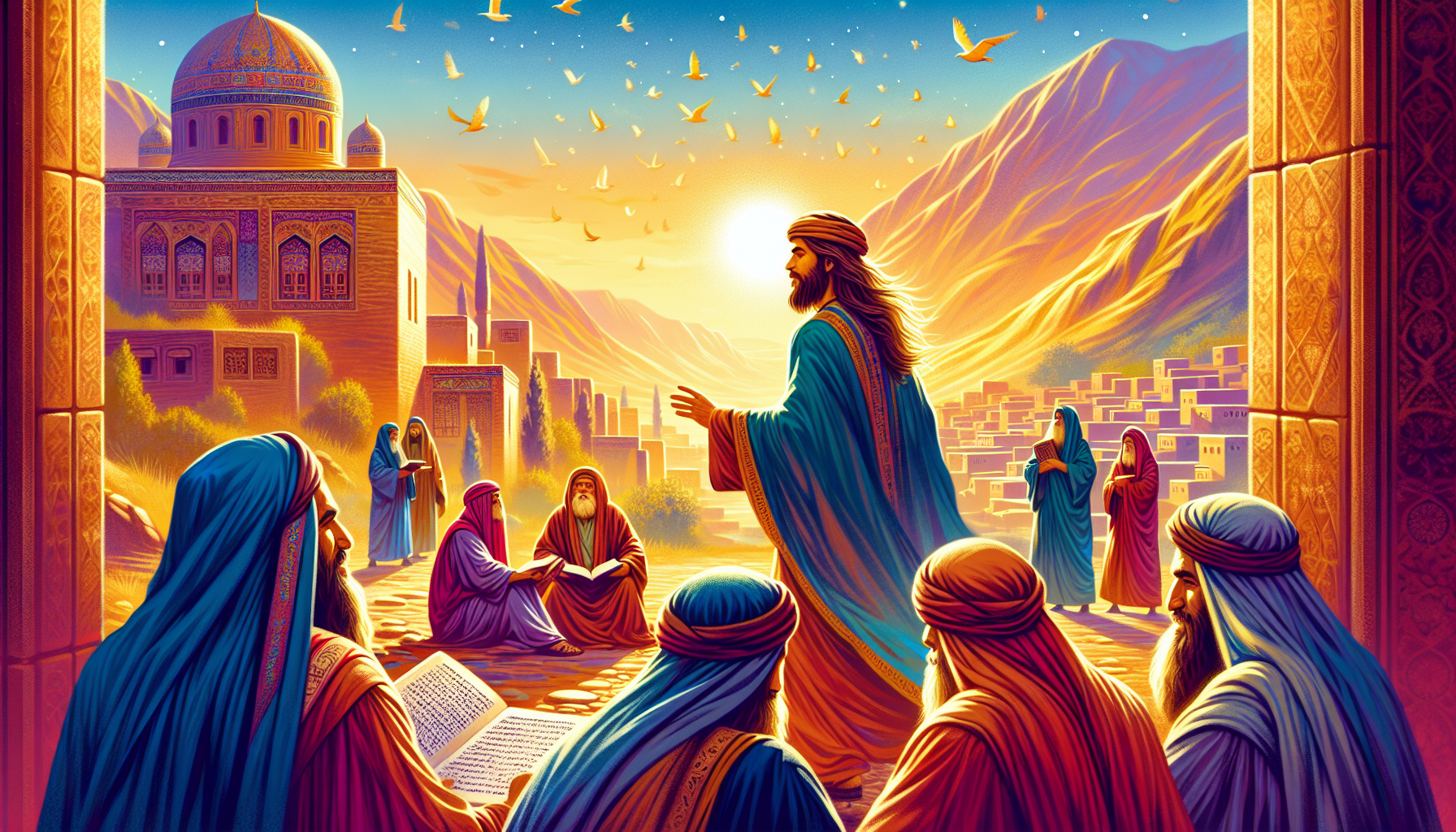 Serene landscape depicting Jesus Christ walking through an ancient Judean village with his disciples discussing scriptures, under a clear blue sky, in a vibrant, realistic style.