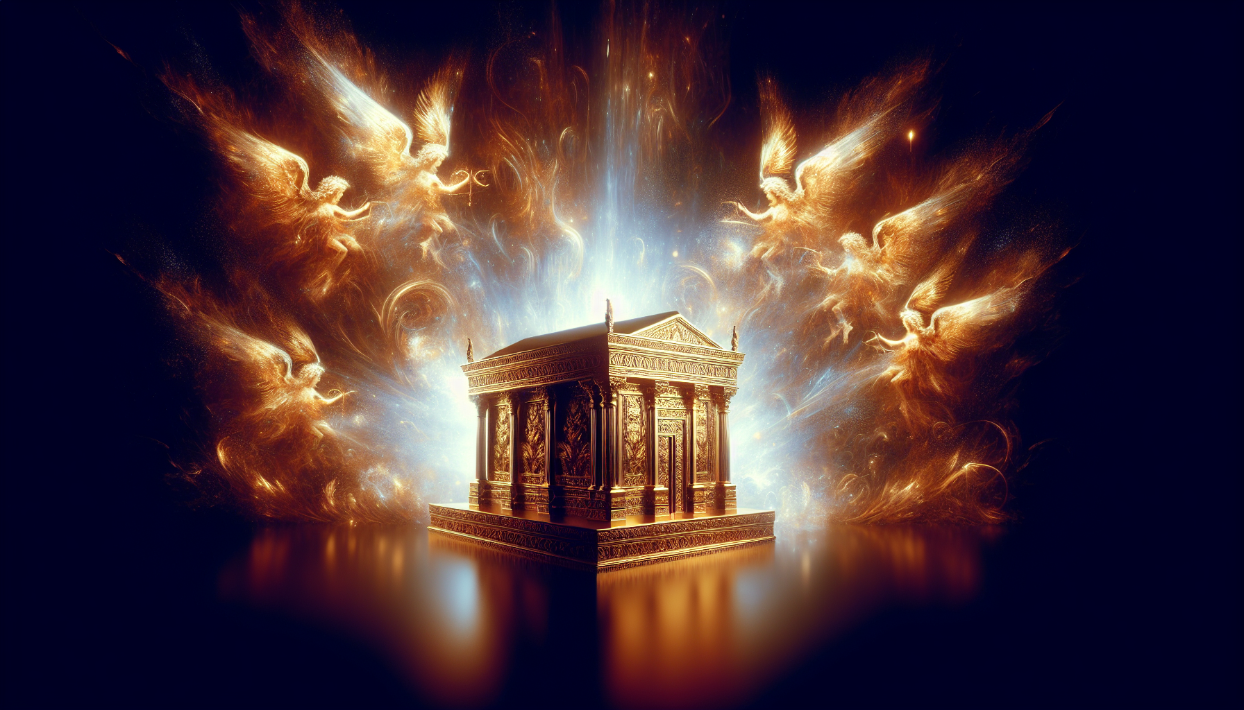 An artistic interpretation of the Ark of the Covenant as described in the Bible, located inside the dimly lit, richly decorated Holy of Holies, with golden cherubim and mystical light emanating from t