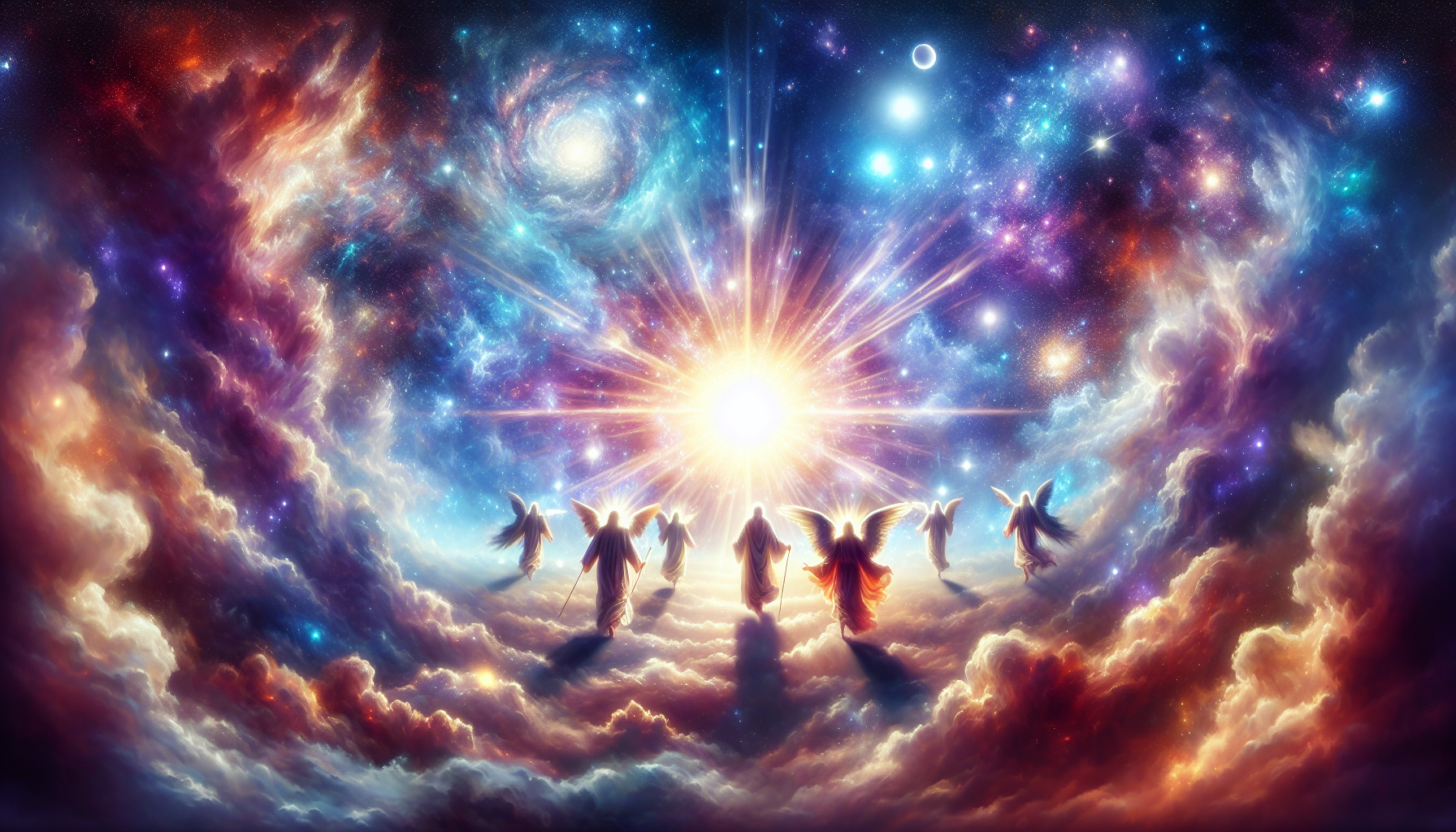 An ethereal landscape depicting the journey of a soul, with angels guiding it towards a radiant heavenly light, set in a celestial realm filled with clouds and stars, as described in biblical scriptur