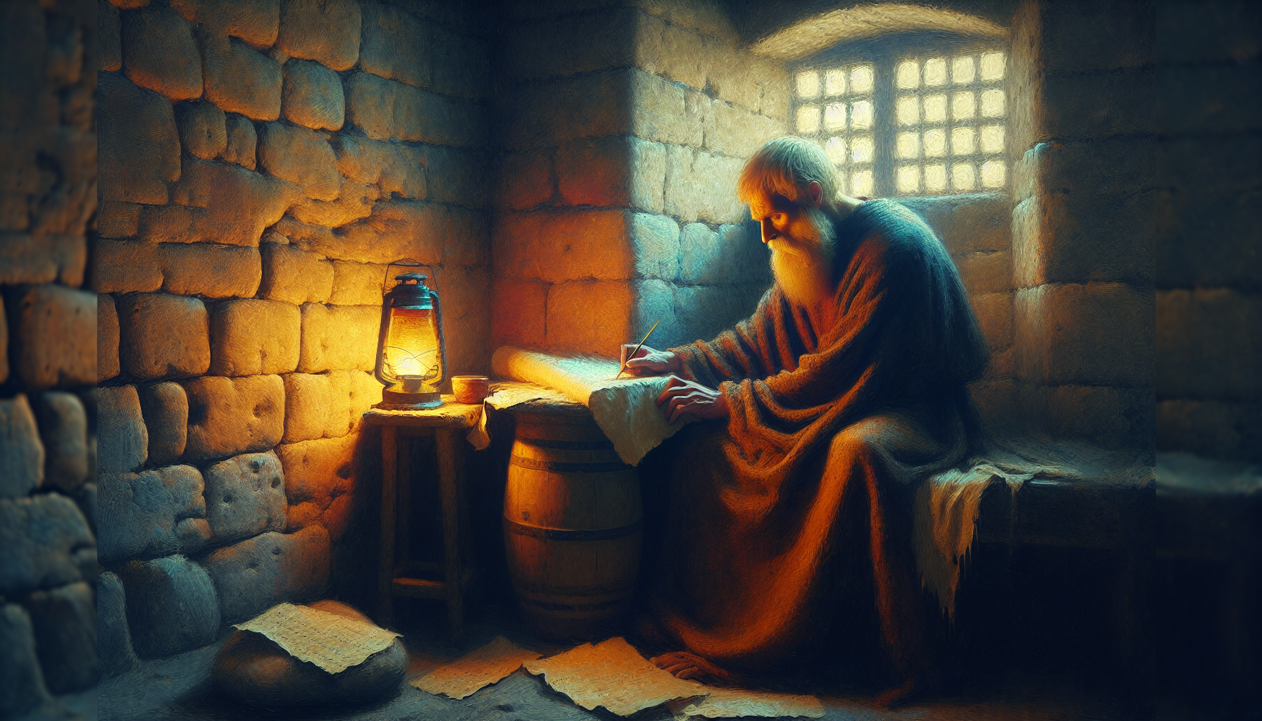 An evocative, painterly depiction of Saint Paul sitting alone in a dimly lit, ancient Roman prison cell, deeply contemplating and writing his final letters, surrounded by rough stone walls and a small