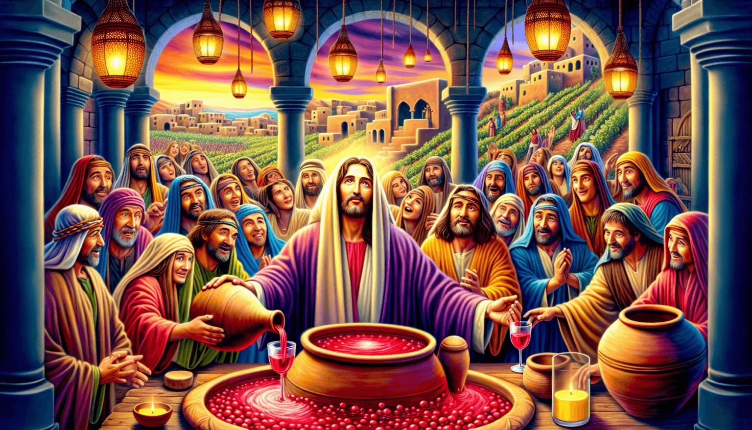 Una representación artística vívida del primer milagro de Jesús en las bodas de Caná, donde transforma el agua en vino. La escena muestra a Jesús en el centro, con una expresión serena, rodeado de inv