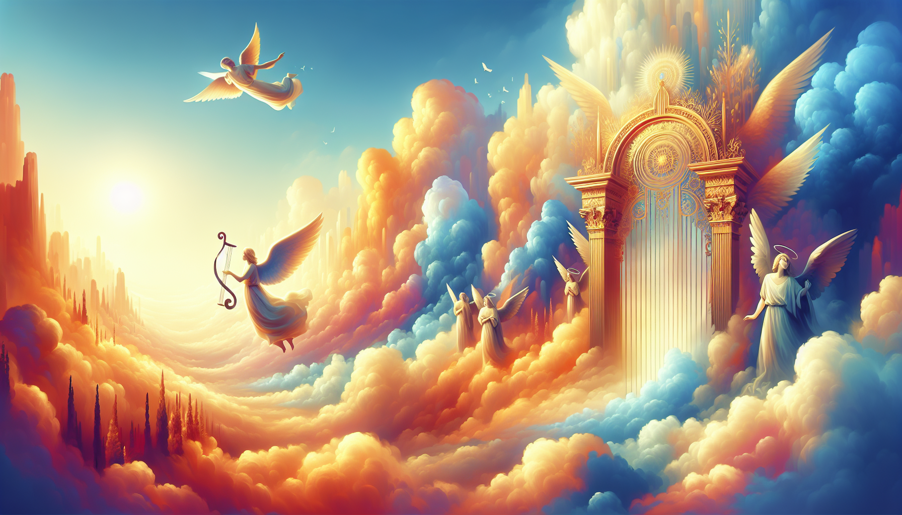 Vibrant and colorful depiction of a majestic Biblical heaven, featuring peaceful landscapes with clouds, angels playing harps, a golden gate, and serene sunshine illuminating the scene.