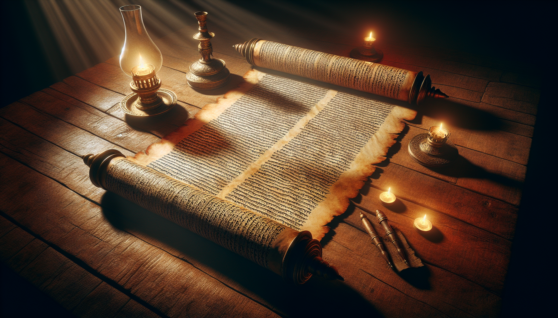 An ancient scroll opened on a wooden table with Hebrew texts, surrounded by oil lamps, under soft candlelight, illustrating a serene biblical study scene.