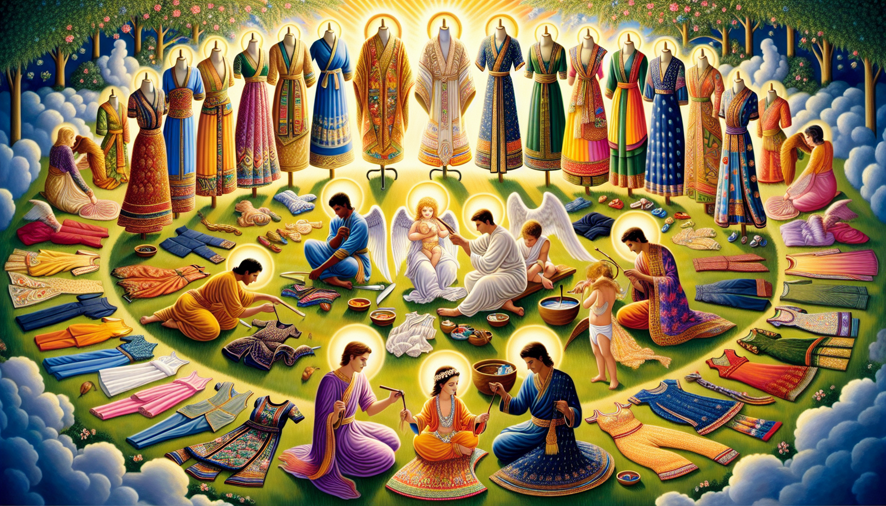 Vibrant illustration of various traditional outfits worn by the Divine Child Jesus, each reflecting different cultural interpretations from around the world, set in a peaceful, heavenly garden with an