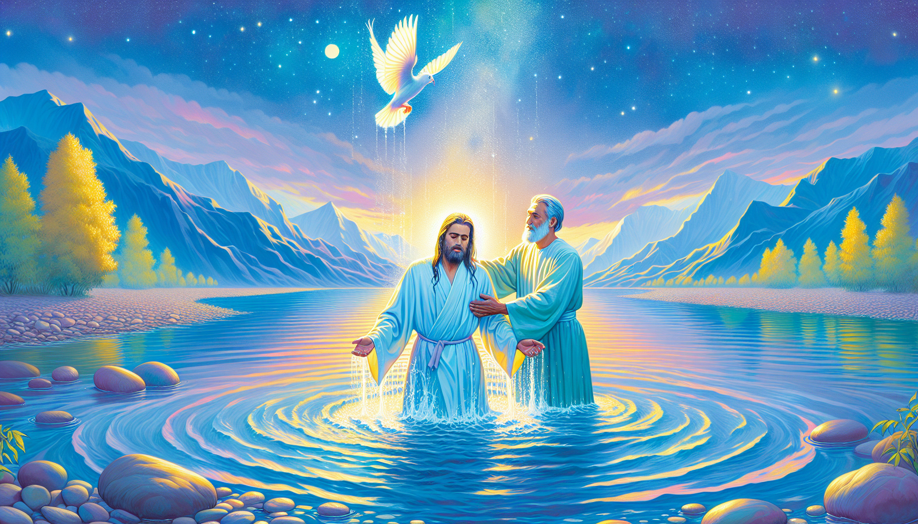 Create an image that depicts the baptism of Jesus by John the Baptist in the Jordan River, showcasing the moment when a dove descends from the heavens and the heavens open up, illustrating the spiritu