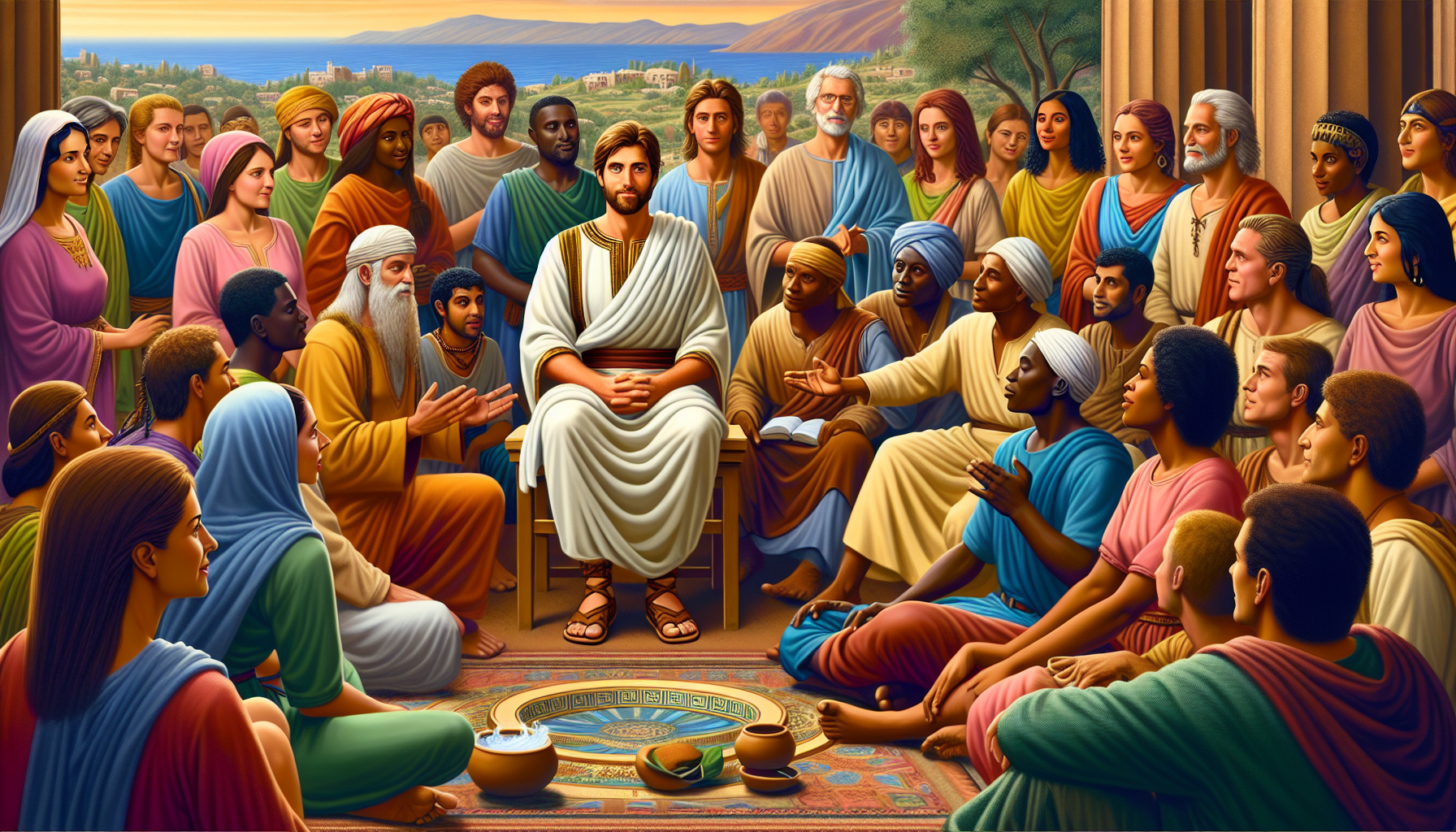 Create an image of a diverse group of people gathered around Jesus, each person speaking a different language representing the linguistic diversity of the world during Jesus' time. Jesus is depicted a
