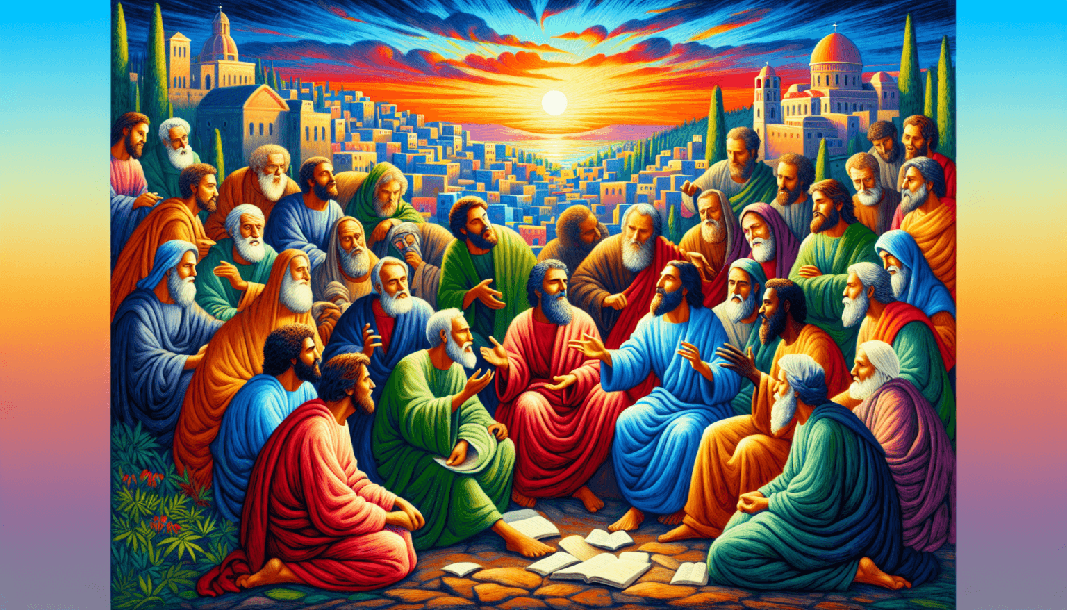 Una pintura renacentista que representa a los apóstoles reunidos y discutiendo fervientemente sobre cómo difundir las enseñanzas de Jesús por el mundo, en un paisaje de Jerusalén al amanecer.