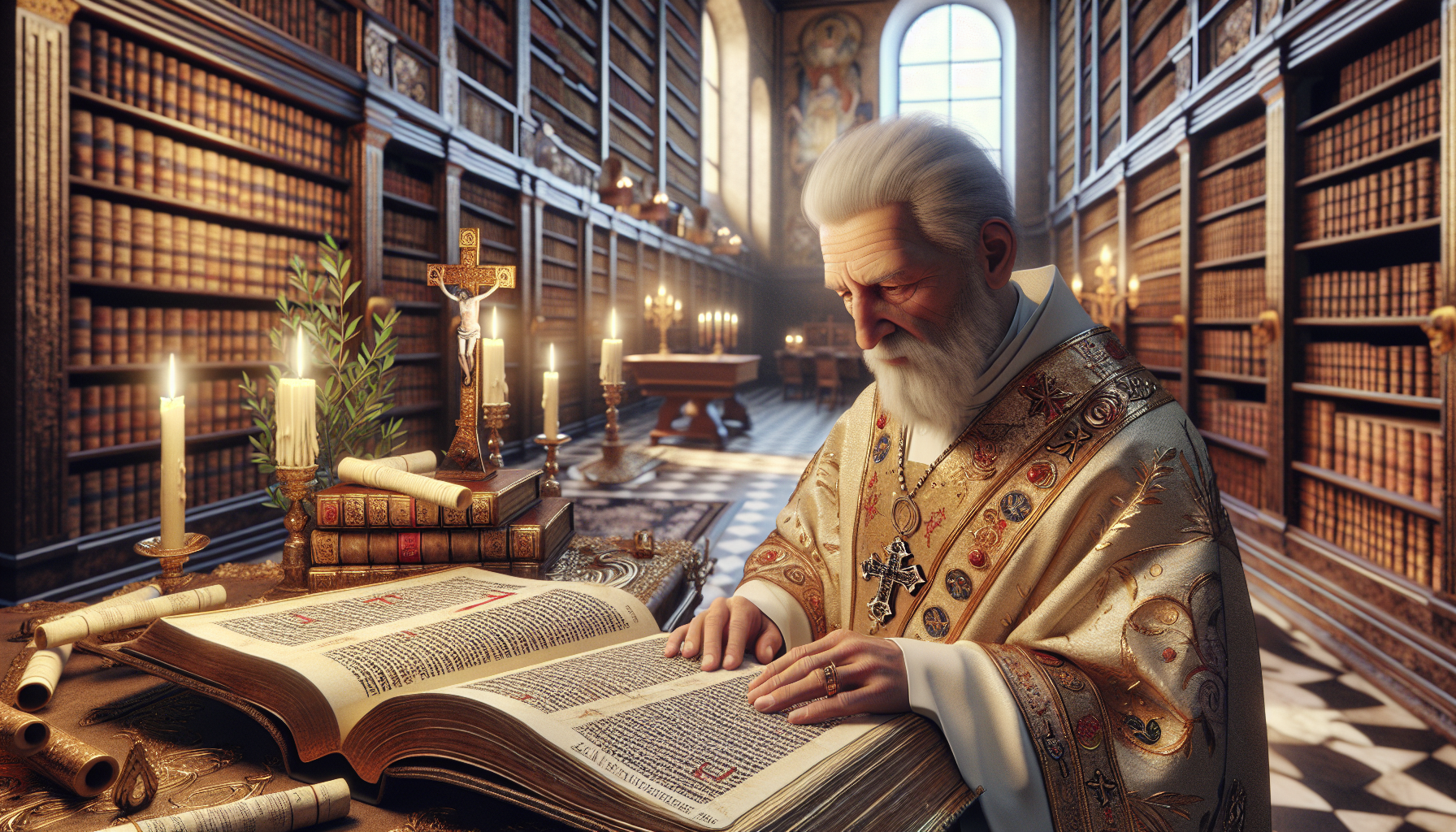 An ancient, peaceful library filled with scrolls and illuminated manuscripts, where a serene, elderly priest in traditional robes is studying a large, open Bible, surrounded by symbolic elements such