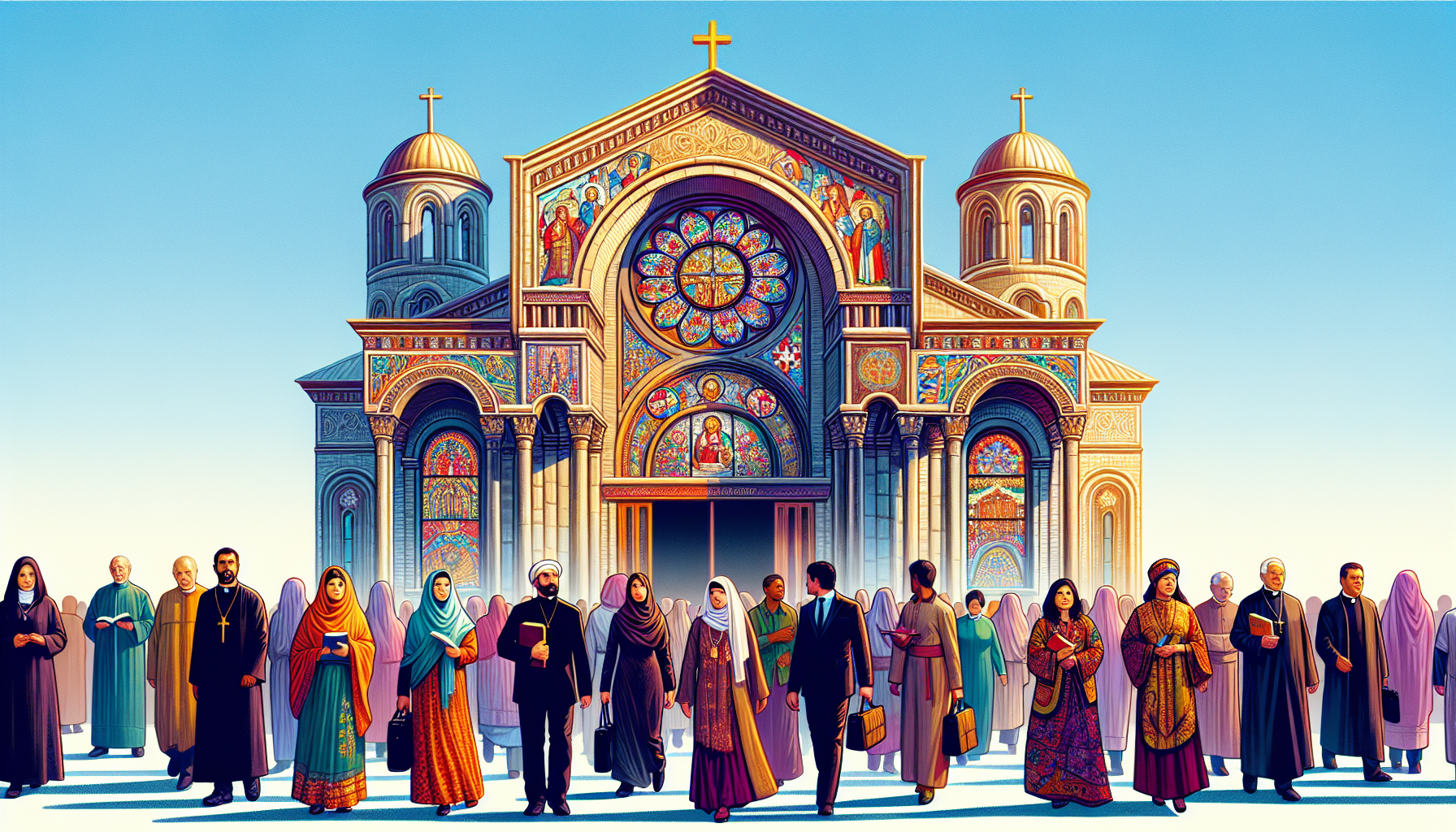 An old, intricately designed Apostolic church with stained glass windows and a group of diverse people entering, under a sunny blue sky, illustrating different cultures coming together in a religious