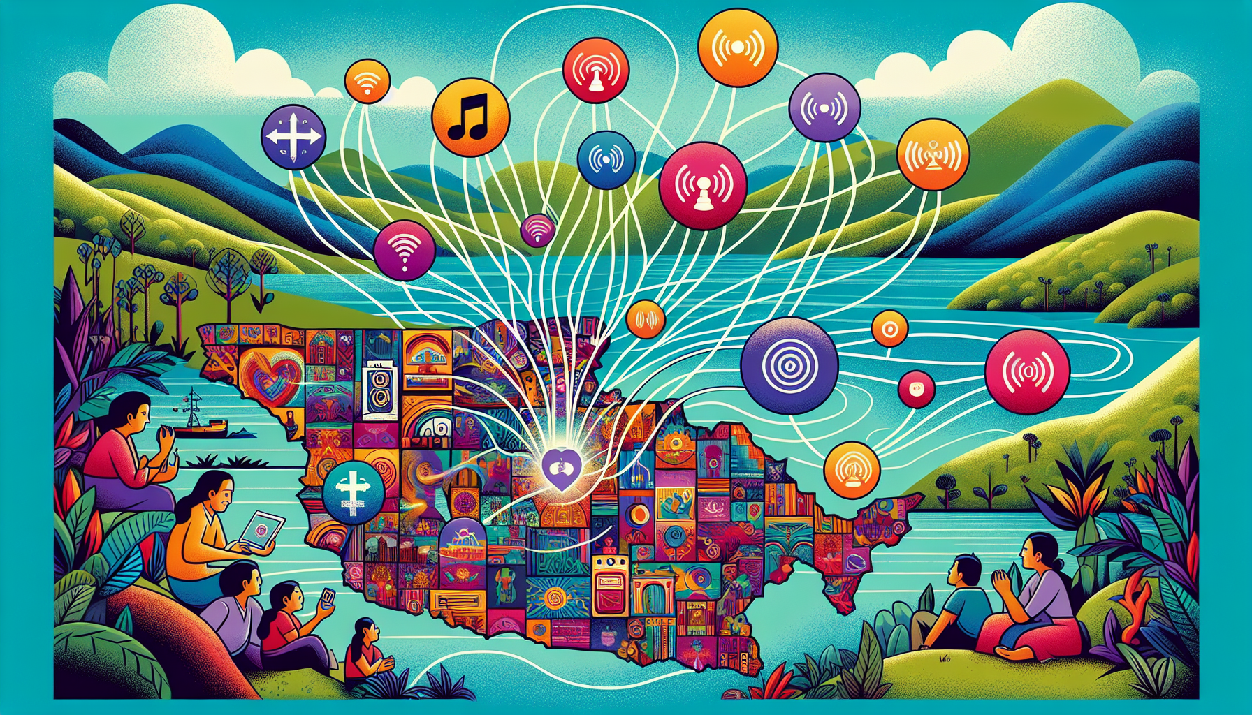 An illustration of a colorful map of Guatemala with various vibrant icons representing different Christian radio stations, each with unique designs symbolizing music and faith, interconnected with swi