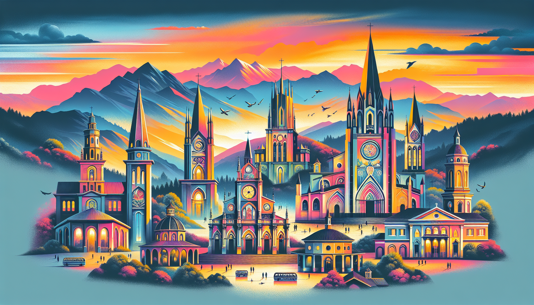 Panorámica impresionante de las diez iglesias cristianas más grandes de Colombia, mostrando una variedad de estilos arquitectónicos desde gótico hasta moderno, con las montañas andinas de fondo en un