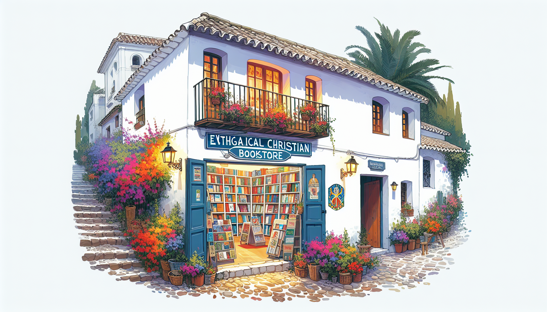 Cozy evangelical Christian bookstore in a traditional Spanish village, with whitewashed walls and bright flowers, shelves stocked with Bibles and religious literature, and a welcoming open door