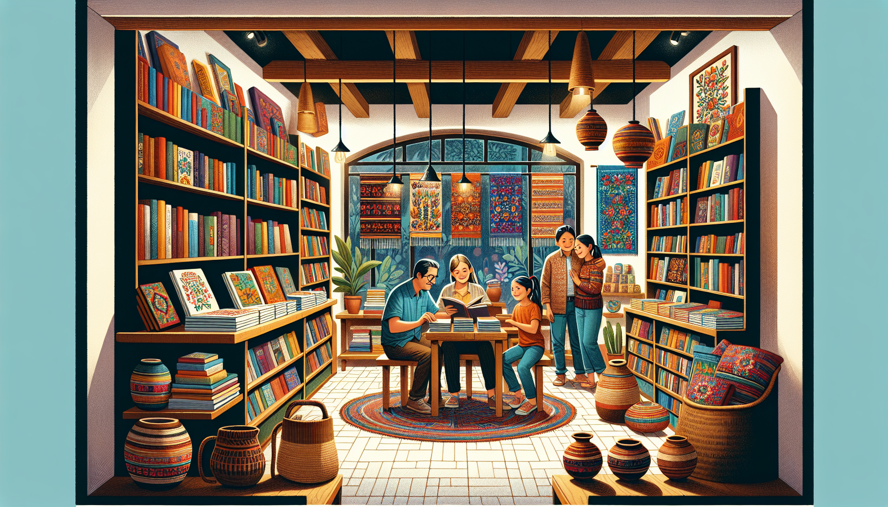 Cozy Christian bookstore in Guatemala with shelves full of books, warm lighting, and a local Guatemalan family browsing through the selection, with traditional textiles and pottery decorating the inte