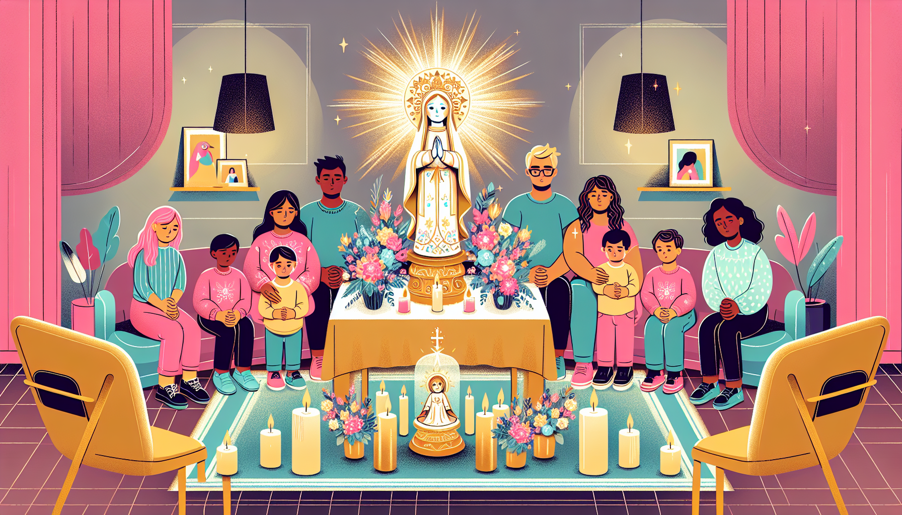 An illustration of a family gathered around a small altar, praying together with a statue of the Divino Niño Jesús placed at the center, decorated with flowers and candles, in a cozy, warmly lit livin