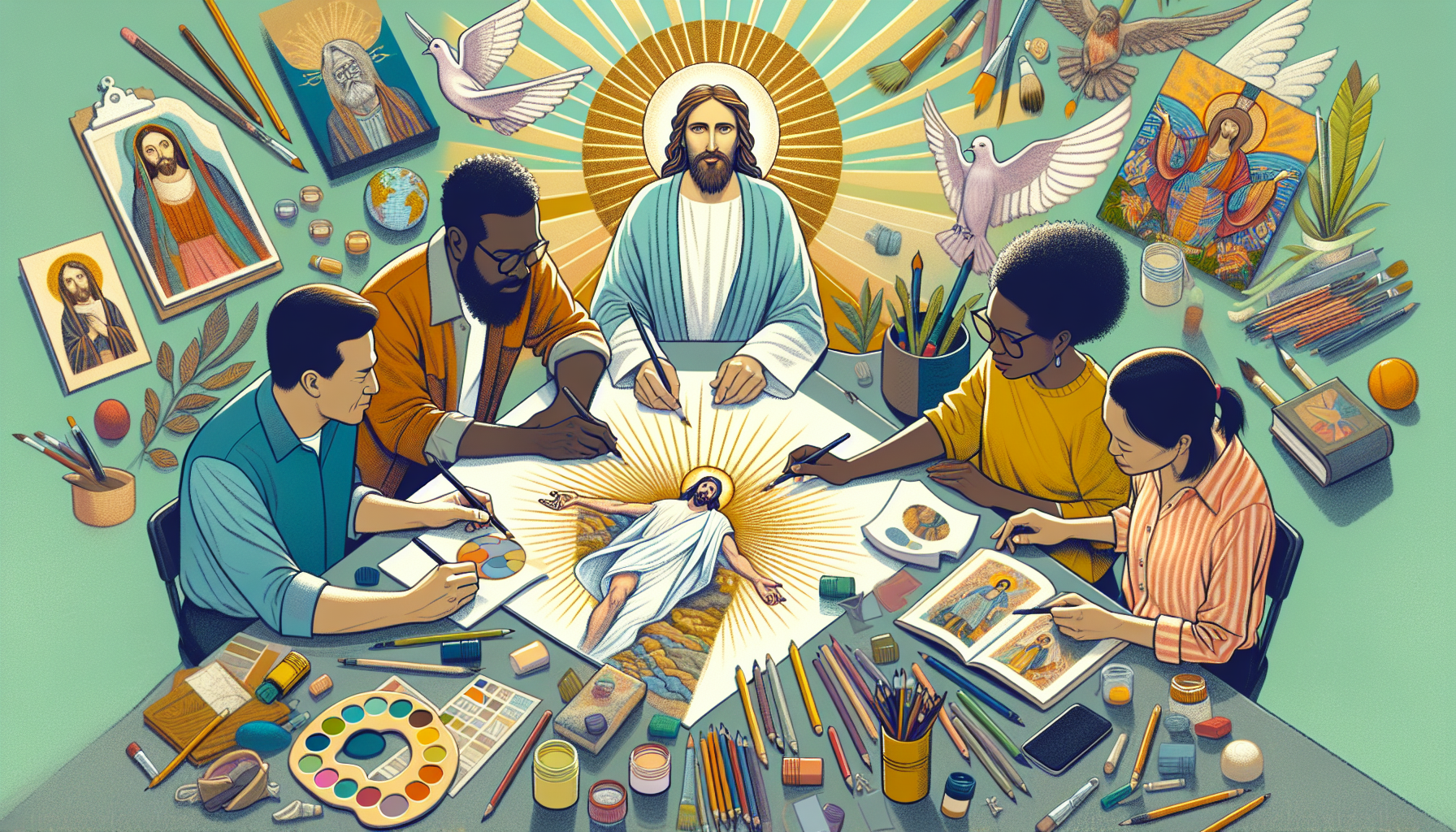 Create an illustration showing a diverse group of people from different cultures and backgrounds drawing a depiction of the resurrected Jesus. Include various art supplies such as pencils, paints, and