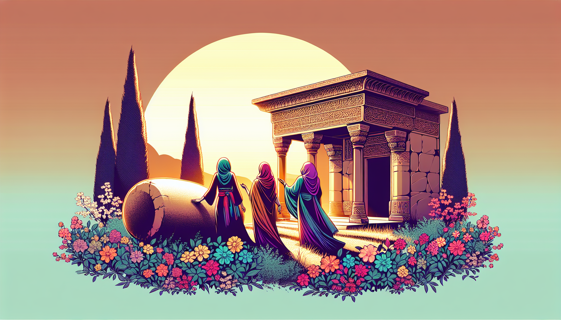 Peaceful sunrise over an ancient empty tomb with a large stone rolled aside, surrounded by blooming flowers and soft light, with three joyful women in period-appropriate Middle Eastern attire witnessi