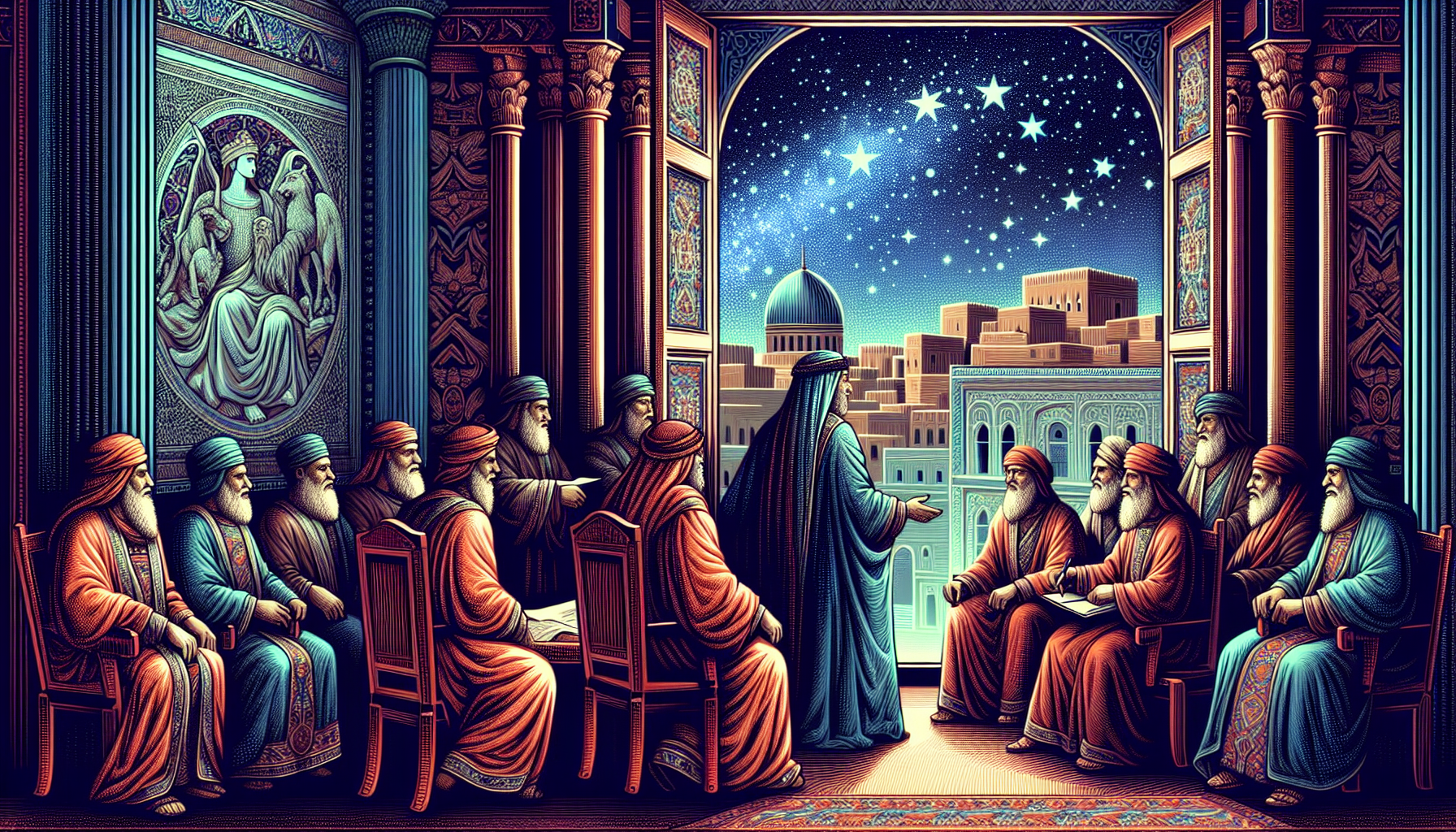 Painting of King Herod in a royal court setting, consulting with advisors, with a subtle depiction of Bethlehem in the background and a starry night sky visible through a window, reflecting on his rol