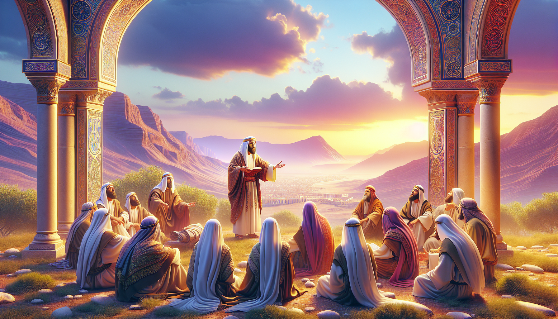 An artistic interpretation of Jesus teaching His disciples the importance of prayer, set in a serene, ancient Middle Eastern landscape during sunset, with detailed biblical clothing and a vibrant sky