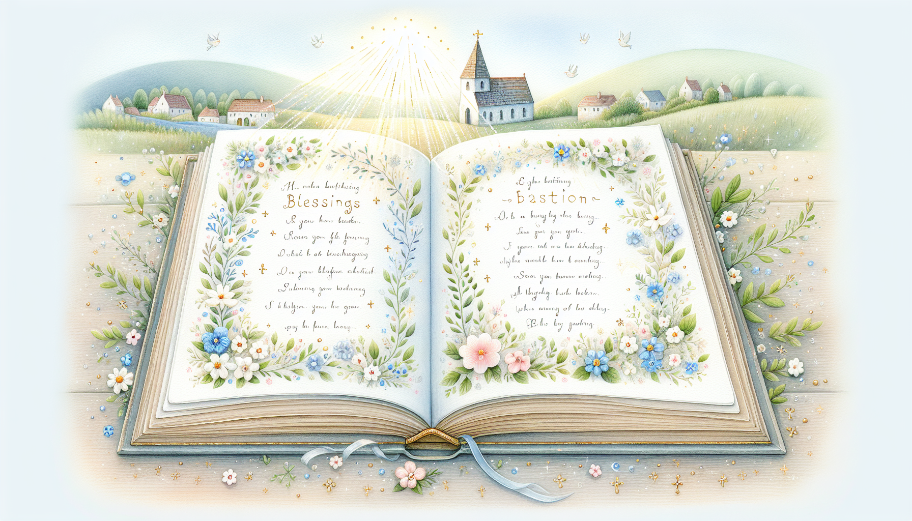 Una ilustración delicada y colorida que muestra un libro abierto con páginas suaves y decoradas, en la que cada página contiene diferentes oraciones para bautizo de niño escritas en elegante caligrafí