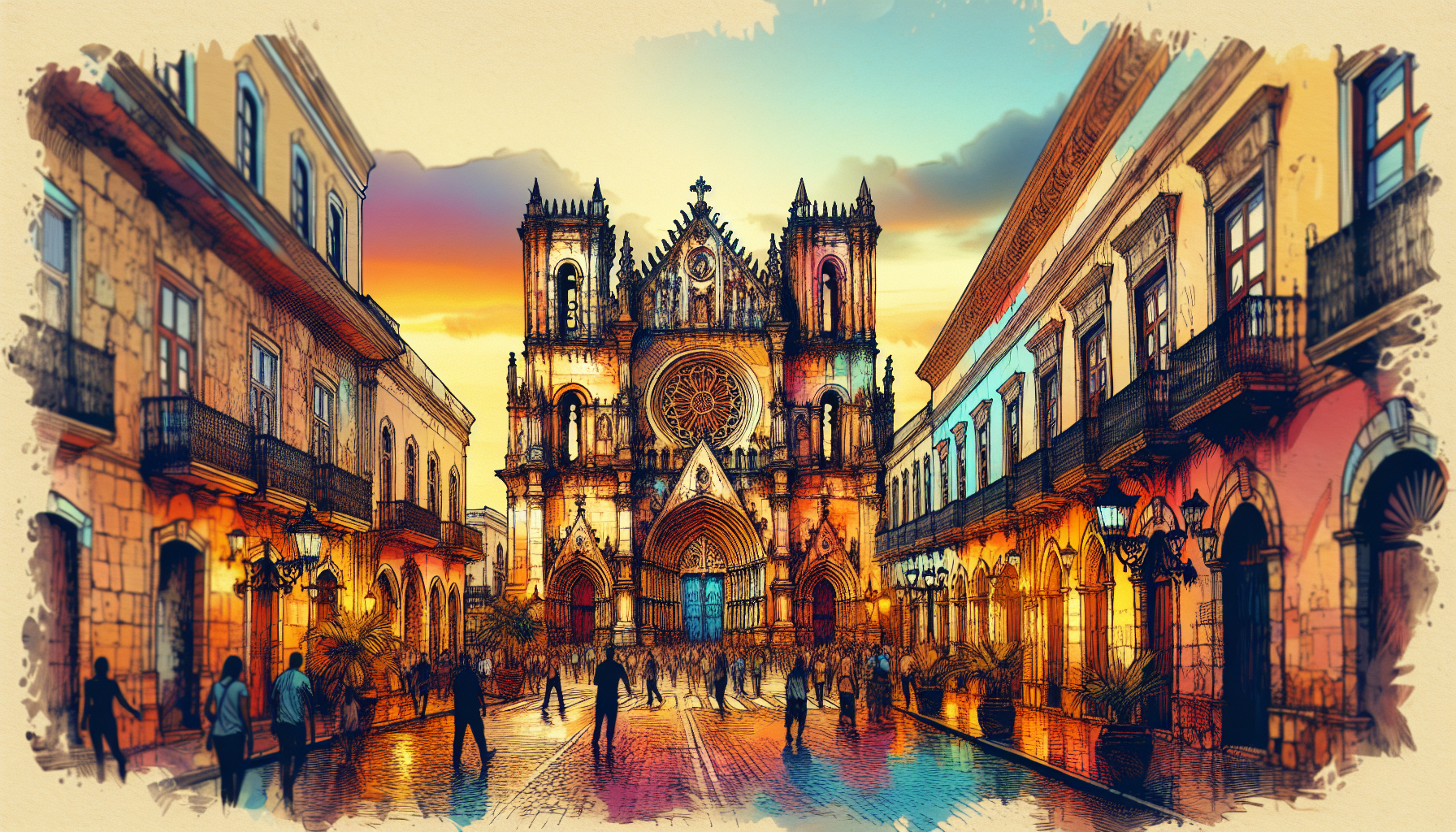 Stunning digital artwork of the iconic Cathedral of Santa María la Menor, bathed in sunset light with vibrant street life of Santo Domingo, Dominican Republic, showcasing a blend of Gothic and Baroque