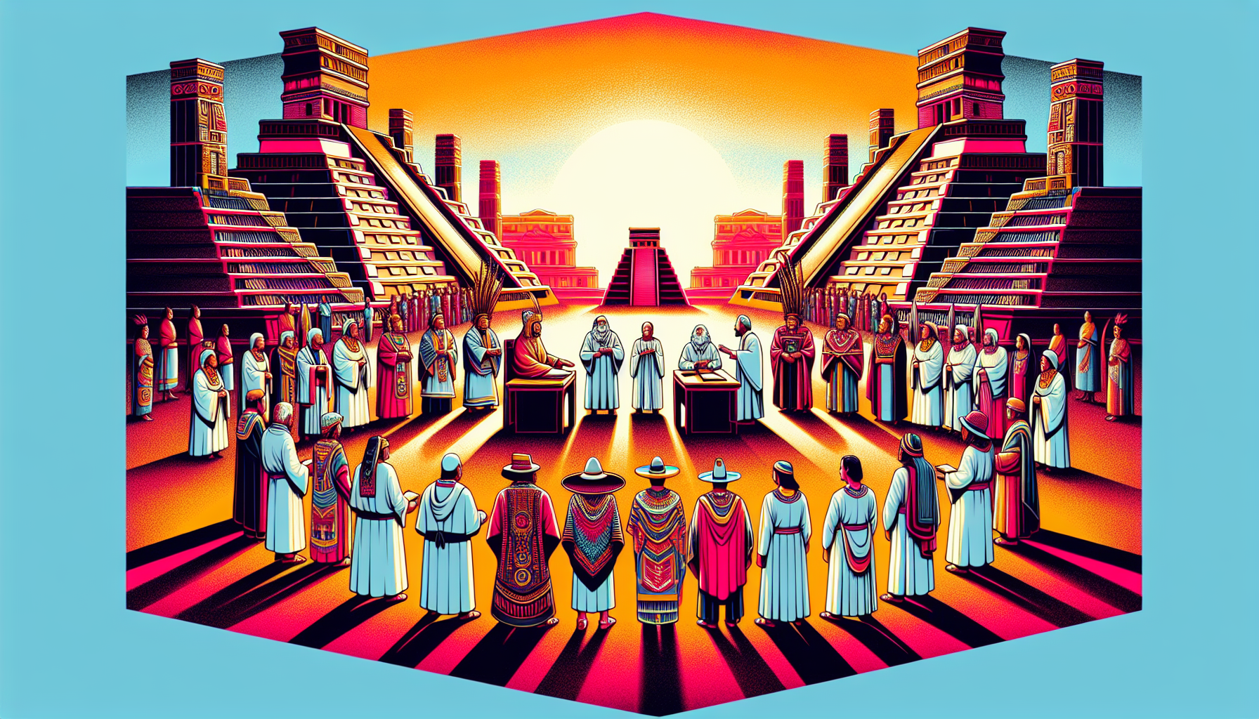 An imaginative scene depicting Christian missionaries discussing religious concepts with Aztec leaders in an ancient Mesoamerican city, with detailed Aztec architecture and clothing contrasting with t