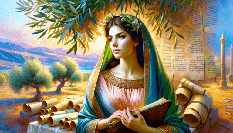 Portrait of Josué's wife, a biblical figure, depicted in a serene landscape, wearing traditional ancient Israelite clothing, surrounded by scrolls and olive trees, with a soft, ethereal light highligh