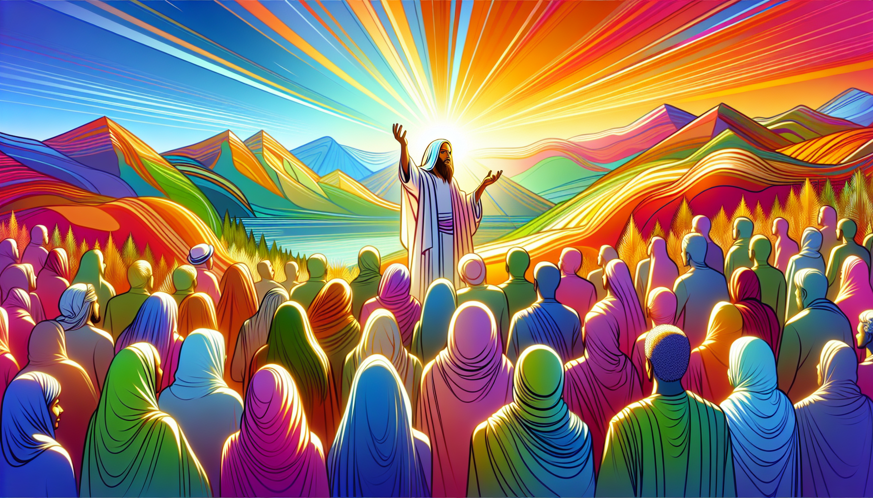 a serene landscape depicting Jesus giving a sermon on a mountaintop, with a diverse group of people listening attentively, radiant sunlight casting soft glows and the surrounding nature in vibrant col
