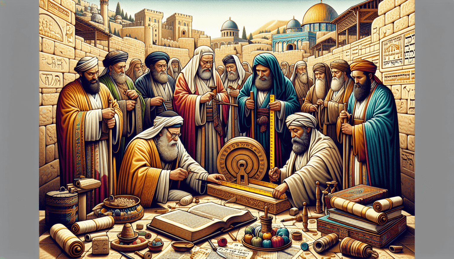 a detailed, historical illustration of ancient Hebrew scholars measuring an object with a cubit, surrounded by biblical scrolls and artifacts, with ancient Jerusalem in the background, in warm earth t