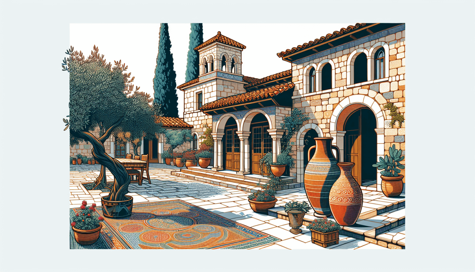 Create an image depicting a traditional Mediterranean home from the time of Jesus, showcasing architectural features such as stone walls, arched doorways, and a terracotta roof. Include elements like