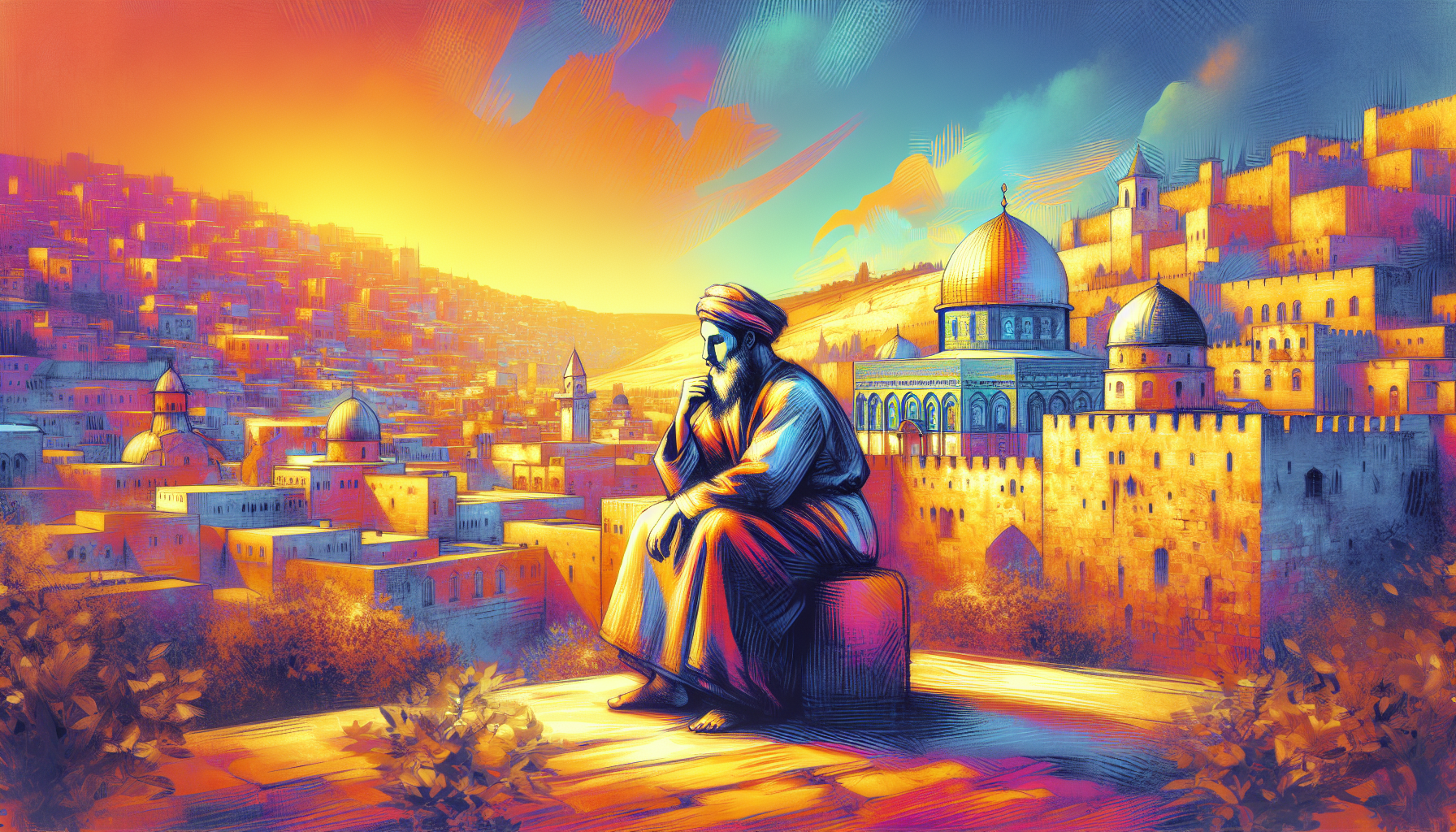 An artistic interpretation of ancient Jerusalem with a serene and reflective Jesus contemplating life, set against a backdrop of historic buildings bathed in the warm light of a setting sun.