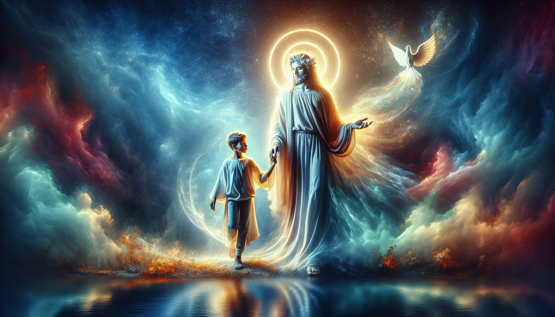 Create an image of a divine figure holding the hand of a young Jesus, exuding a sense of mystery and reverence. The setting should be serene and spiritual, capturing the enigmatic connection between t