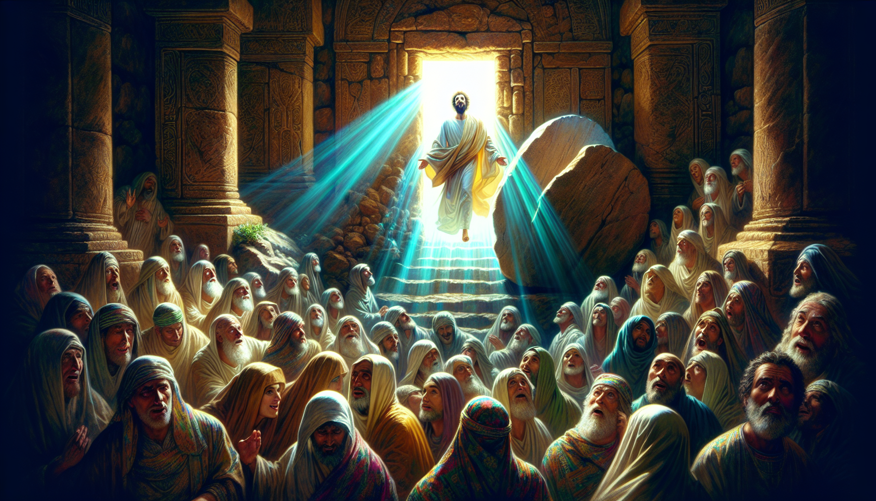 Create an image of the exact moment that Jesus is believed to have resurrected, depicting him emerging from the tomb with a radiant glow, surrounded by beams of light and a sense of awe and wonder fro