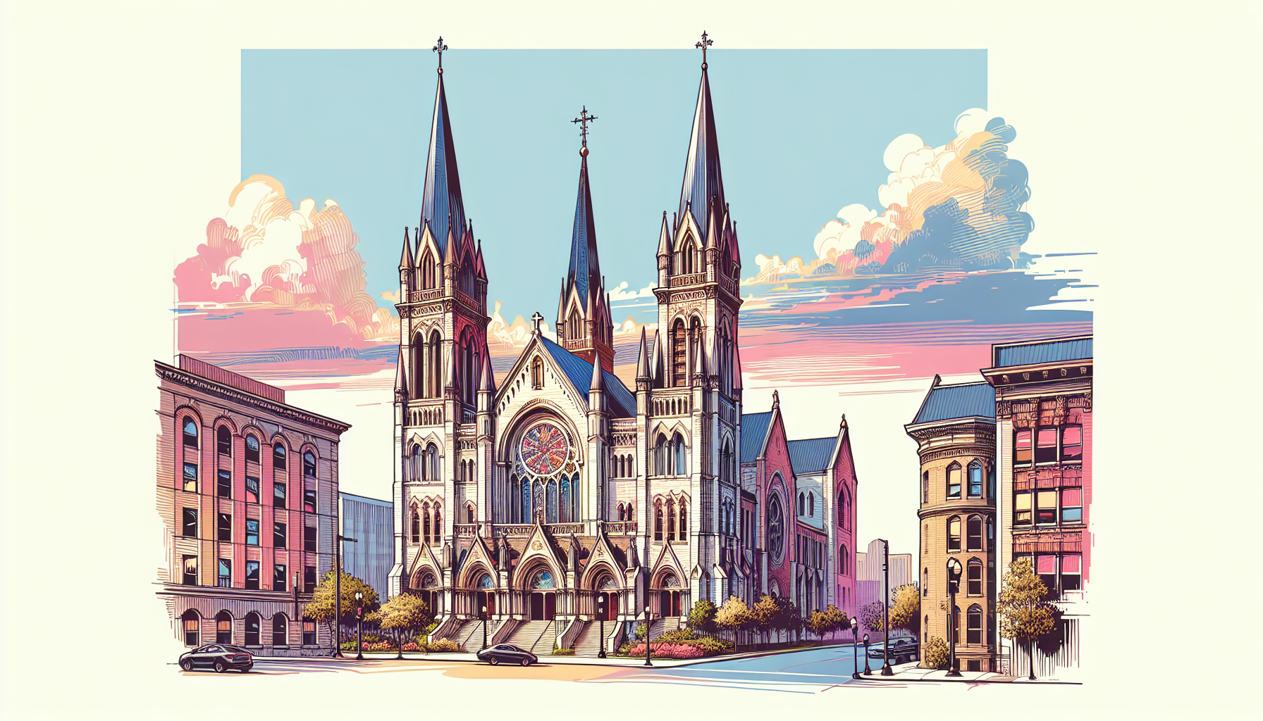 Create an image of a grand and monumental church in the heart of the United States, showcasing its towering spires, intricate architecture, and impressive scale that reflects it as the largest church