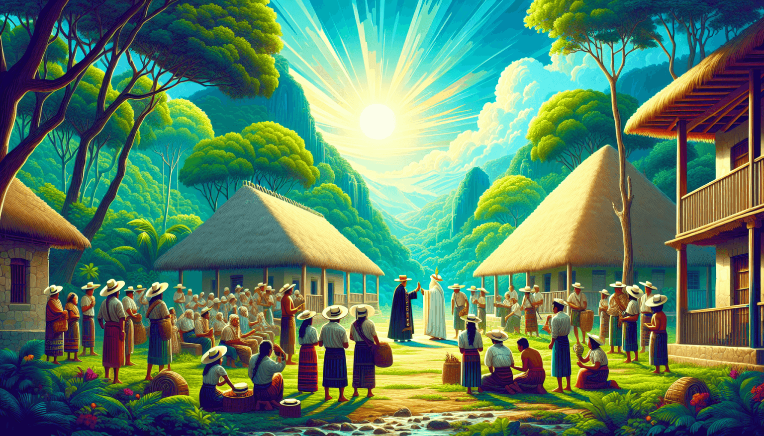 Digital artwork depicting a serene scene of early Spanish missionaries introducing Christianity to indigenous Maya communities in Guatemala, with a lush, vibrant jungle backdrop and traditional Maya a