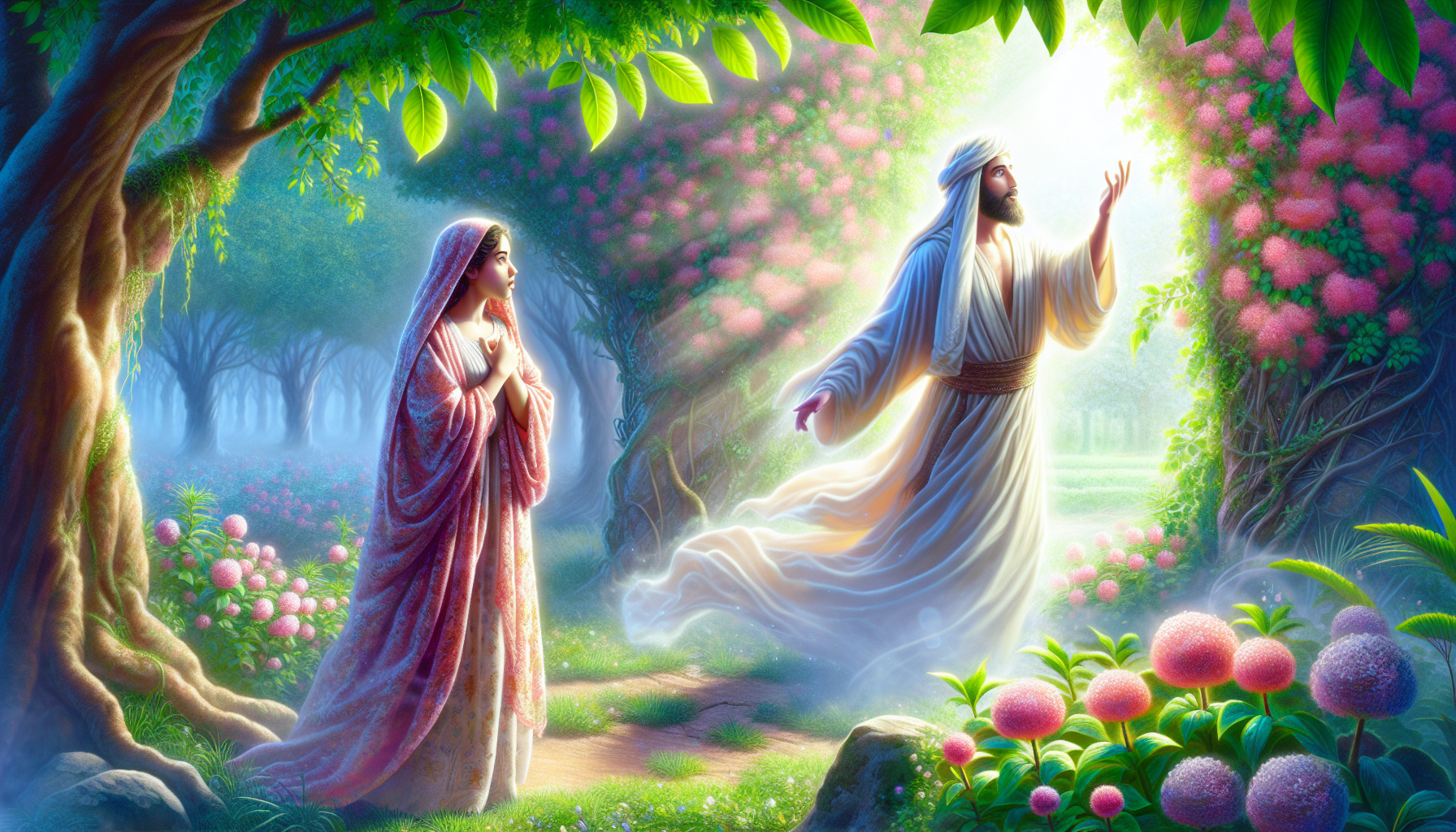 Create an image of the first appearance of the resurrected Jesus, depicting the moment when he reveals himself to Mary Magdalene in the garden after his resurrection, captured in a serene and spiritua