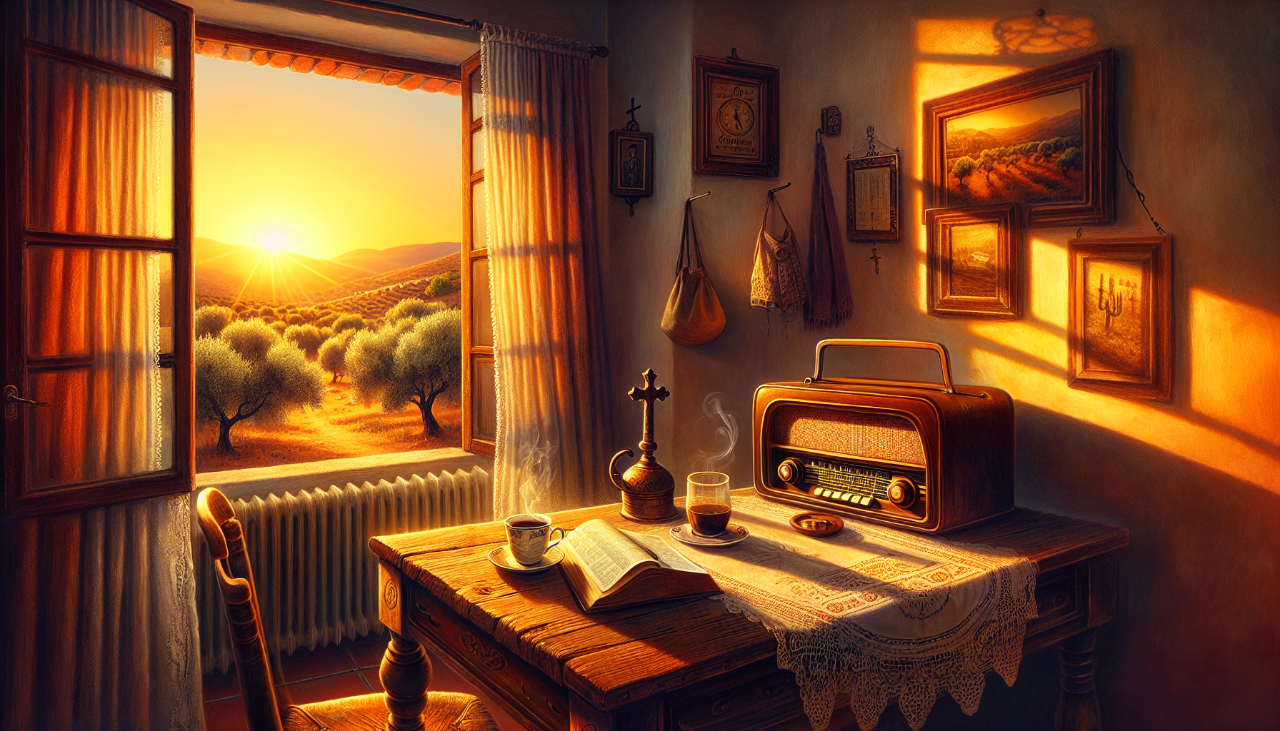 An inviting Spanish landscape at sunset, featuring a rustic wooden table with an old-fashioned radio, a Bible, and a cup of coffee, while soft light filters through a nearby window with sheer curtains
