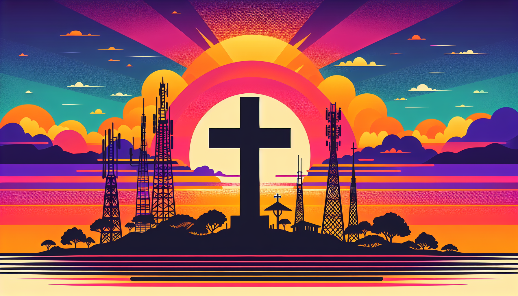 Beautiful sunset landscape of Costa Rica with silhouette of a large cross and radio towers in the background, illustrating the major Christian radio stations in the region.