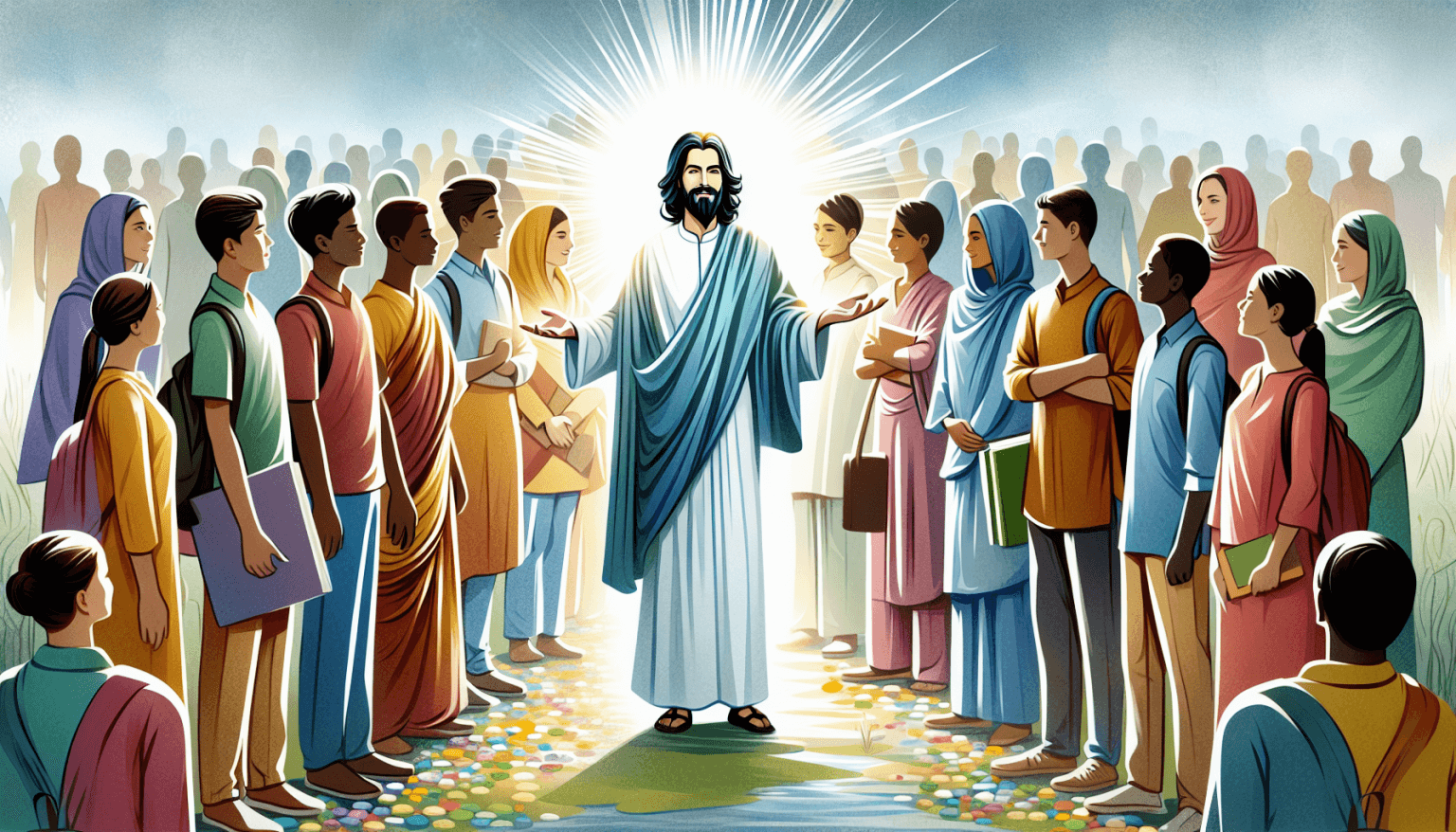 Create an image depicting Jesus standing with his disciples, with a radiant light shining around him. Each disciple is looking at Jesus with a mix of awe and reverence. Jesus is holding out his hand t