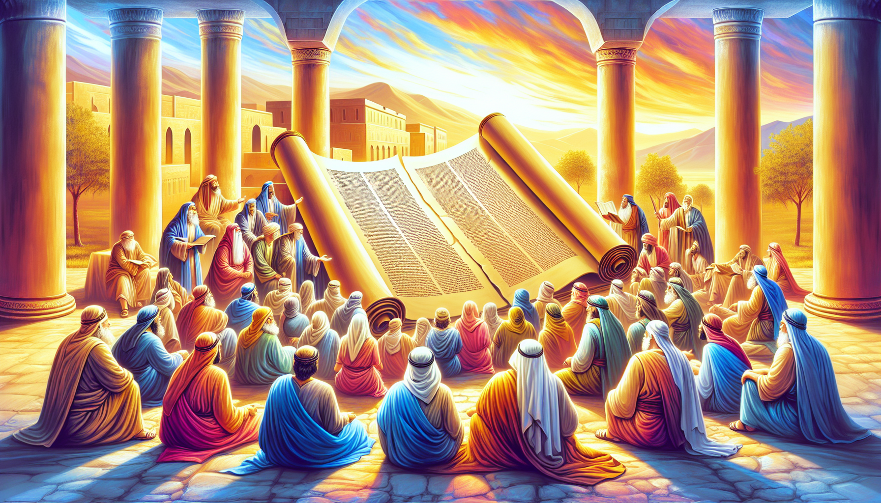 An artistic depiction of a diverse group of ancient people gathering around a large open scroll in a Biblical landscape, representing the Gentiles learning about the scriptures, with Middle Eastern ar