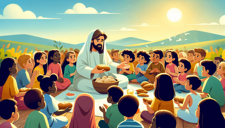 Colorful illustration of Jesus performing the miracle of feeding the 5000, with children of different ethnicities sitting around Him, listening intently and sharing loaves of bread and fish, in a sere