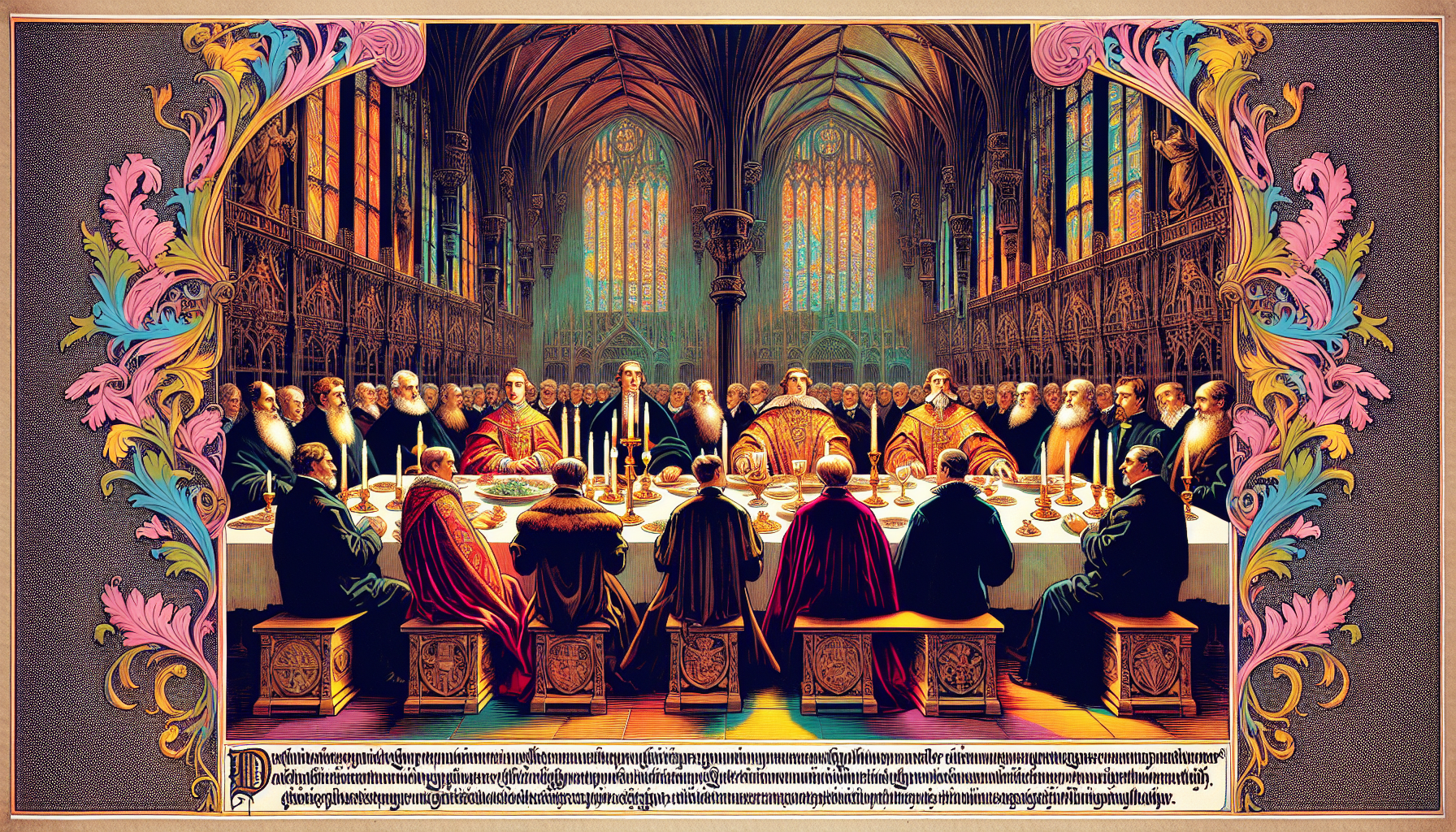 Artistic representation of the Last Supper featuring Jesus and the twelve apostles, each apostle's name elegantly inscribed above their heads in a grand, dimly lit dining hall with Gothic architecture